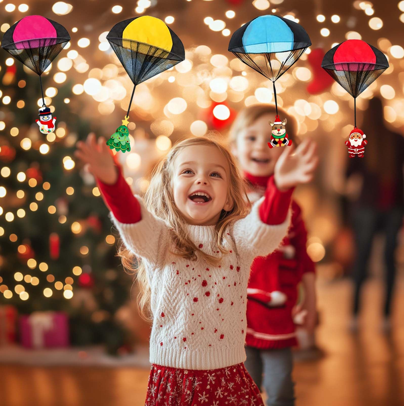 4PCS Christmas Parachute Toys Set - Santa, Reindeer, Snowman & Xmas Tree - Stocking Stuffers for Kids, Party Favors & Goody Bag Fillers - Perfect for Christmas Gifts, Holiday Parties & Outdoor Play