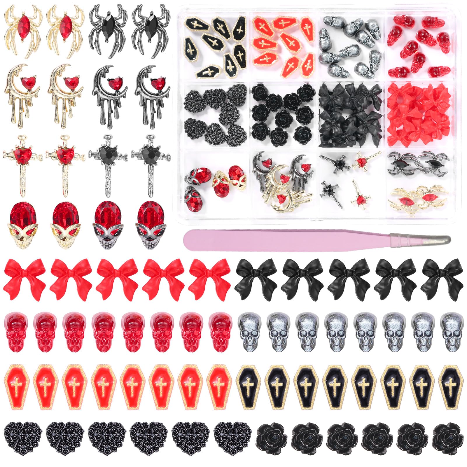 3D Gothic Nail Charms - Death Rock, Ghost, Skull, Cross, Spider, Rose & Moon Designs for Halloween Nail Art | Vintage Black & Red Nail Gems for DIY Manicure | Perfect for Gothic Fashion, Cosplay & Spooky Nail Designs