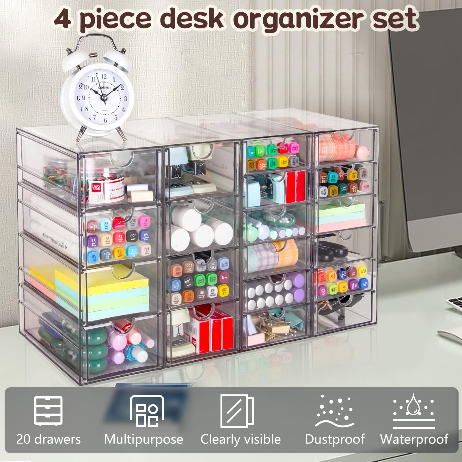 20-Drawer Acrylic Organizer Set - 4-Tier Clear Desk Storage for Makeup, Office Supplies, Art & Craft Organization | Perfect for Vanity, Workstation & Craft Room Organization