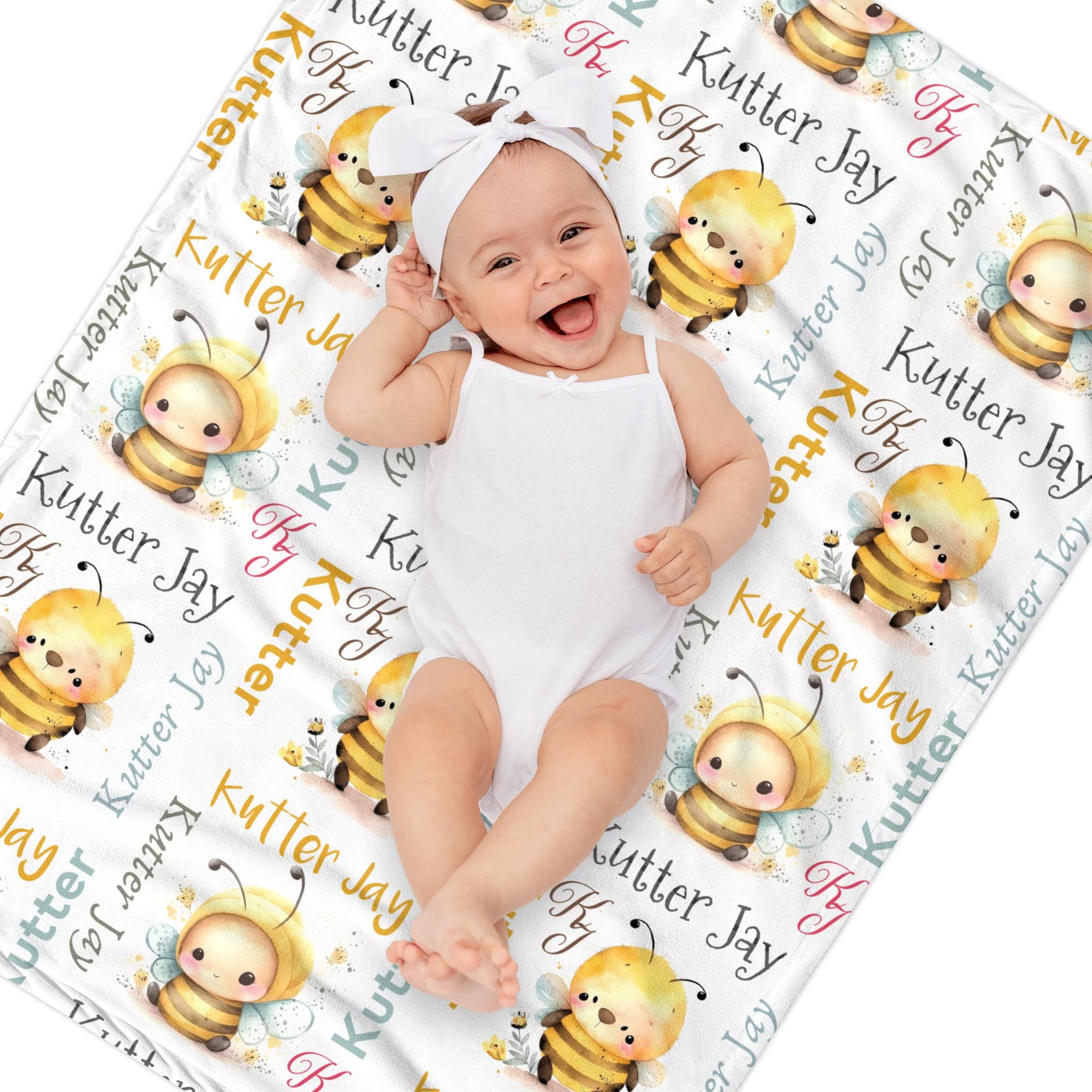 Personalized Baby Blanket for Newborns - Custom Monogrammed Swaddle & Receiving Blanket for Boys & Girls - Unisex Bee Design Milestone Throw 30x40 Inches - Perfect for Nursery, Photo Shoots & Gift Giving