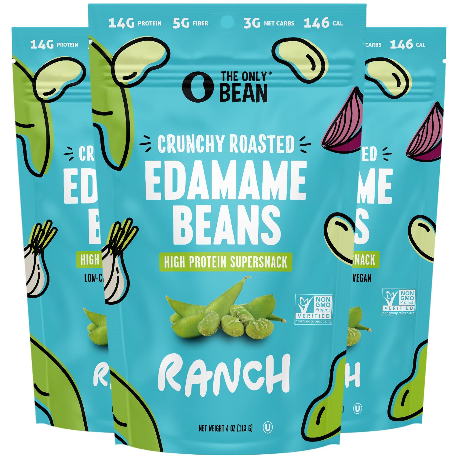 Dry Roasted Edamame Snacks - Ranch Flavor | Vegan, Gluten Free, Low Carb, Keto Friendly | High Protein Healthy Snacks for Kids & Adults | Diabetic & Low Calorie | 4oz Pack of 3 | Perfect for Office, School & On-the-Go Snacking