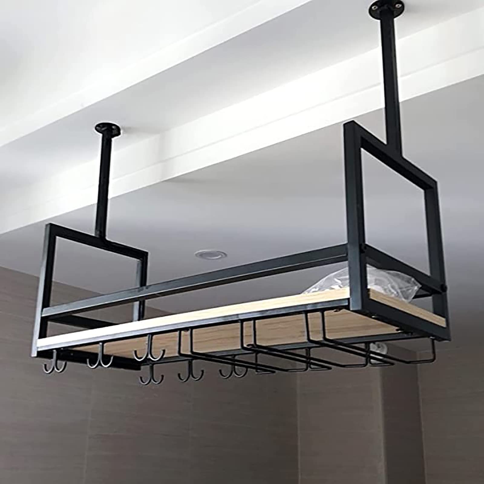 ALIAOFORZ 100cm Ceiling Shelf - Sturdy Iron & Solid Wood Hanging Storage Rack, Wine Bottle Holder - Perfect for Restaurant, Bar & Home Decor - Ideal for Wine Storage, Flower Display & Ceiling Organization