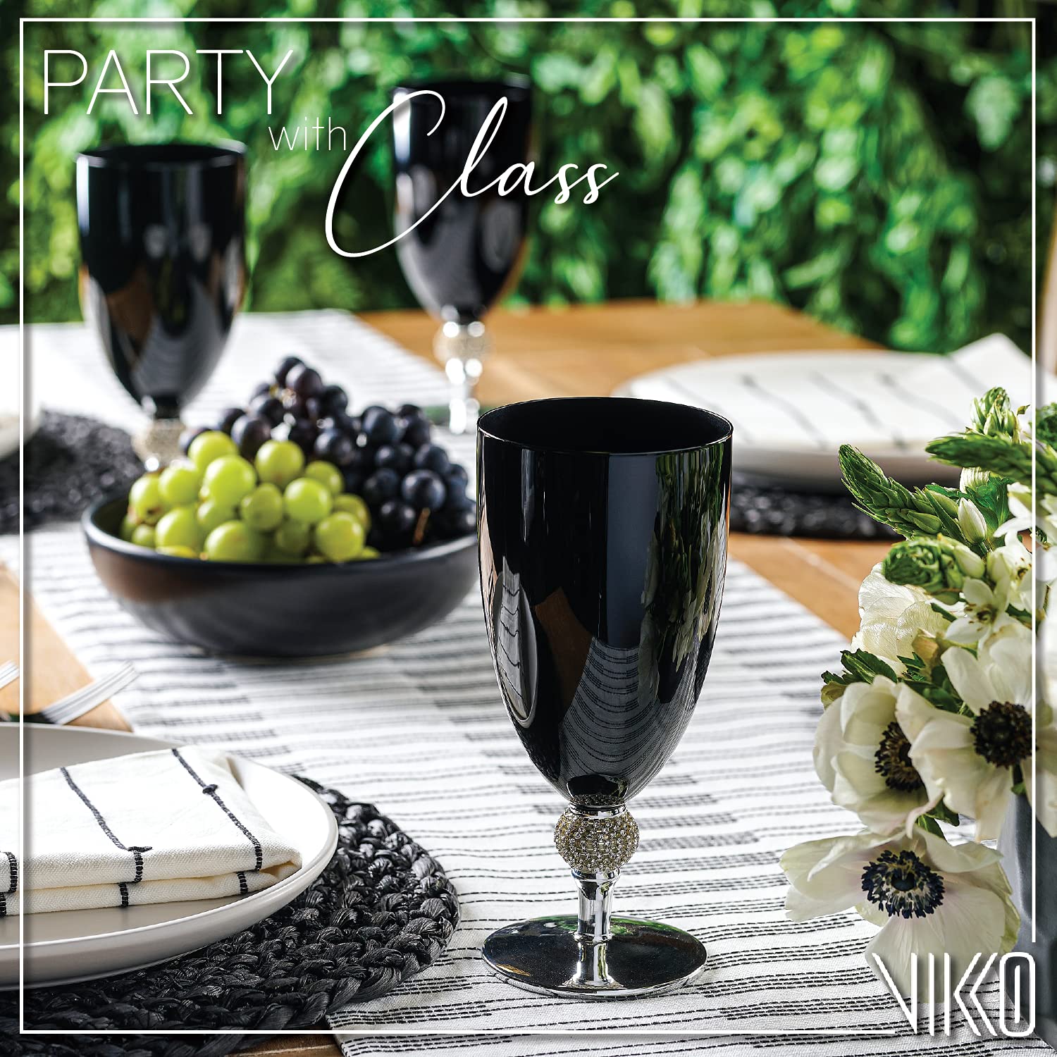 Vikko Décor Black and Silver Goblets Set of 12 - 18oz Large Elegant Wine Glasses with Diamante Accents - Thick Durable Dishwasher Safe Glass - 7.8” Tall x 3.5” Wide - Perfect for Weddings, Parties & Formal Dining