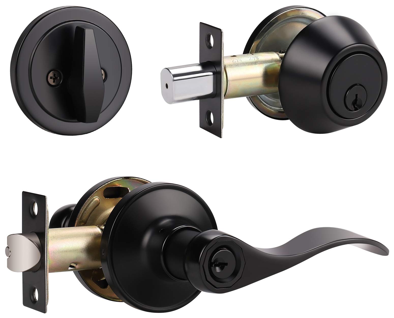 1 Pack Keyed Alike Entry Lever Door Handle with Single Cylinder Deadbolt Lock Set - Wave Style Matte Black Front Door & Office Locking Lever Handle - Reversible for Right & Left Hand Doors - Perfect for Homes, Apartments, and Commercial Buildings