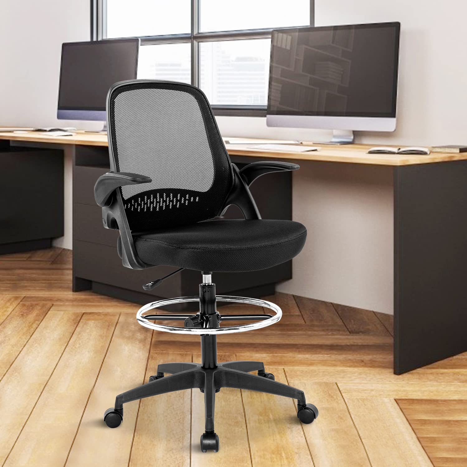 ZZD Drafting Chair - Adjustable Height Standing Desk Office Chair with Foot Ring, Upturned Armrest & Mesh High Back - Ergonomic Black Stool for Architects, Artists & Home Office (OC-YY-9310-Black) - Perfect for Drafting Tables, Standing Desks & Creative Workspaces