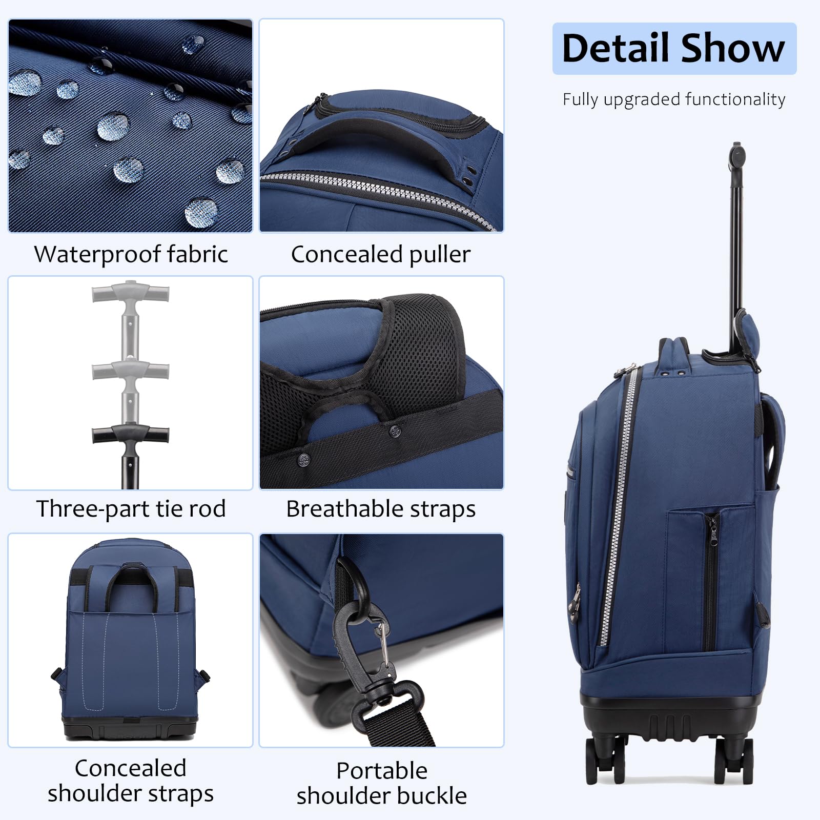18 Inch Rolling Backpack with Detachable Wheels - Wheeled Laptop Backpack for Travel, School & Work - Carry On Luggage for Men & Women - Perfect for Airplane, Commuting & Business Trips