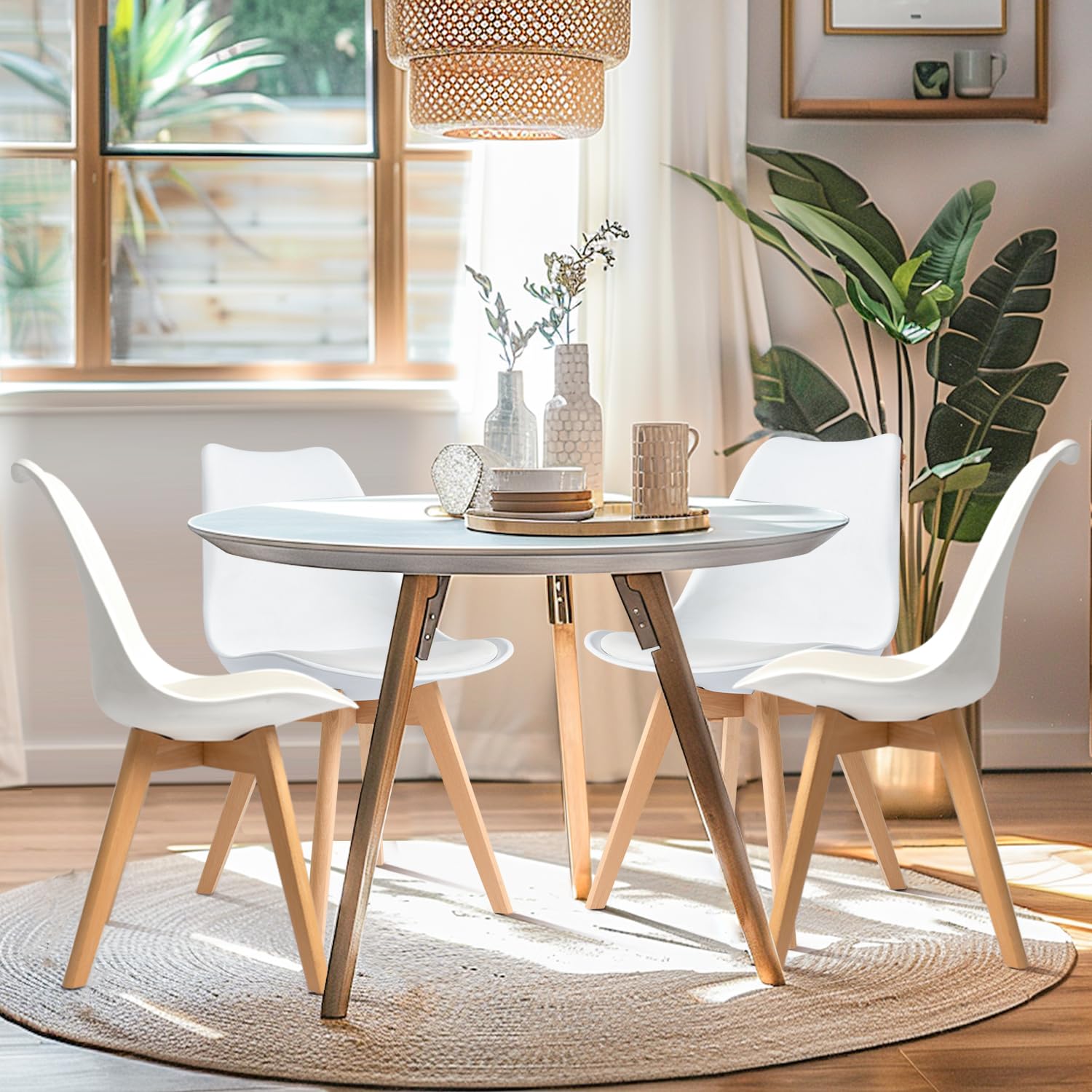 Mid Century Modern Dining Chairs Set of 4 - Soft Padded Kitchen & Dining Room Chairs with Wooden Legs - White Upholstered Chairs for Home, Office, Restaurant & Cafe Decor