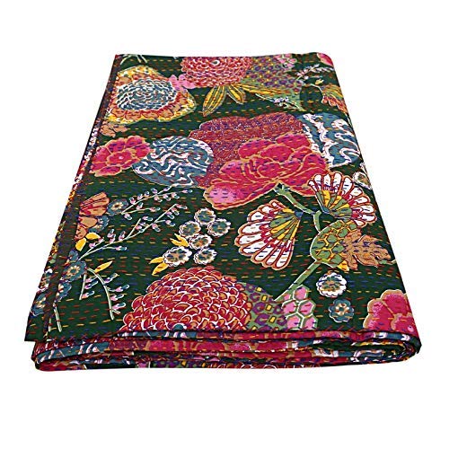 Handmade Indian Kantha Quilt - Floral Fruit Print Reversible Bedspread, Twin Size Throw Blanket for Bedroom Decor, Sofa Cover, or Bohemian Style Gift