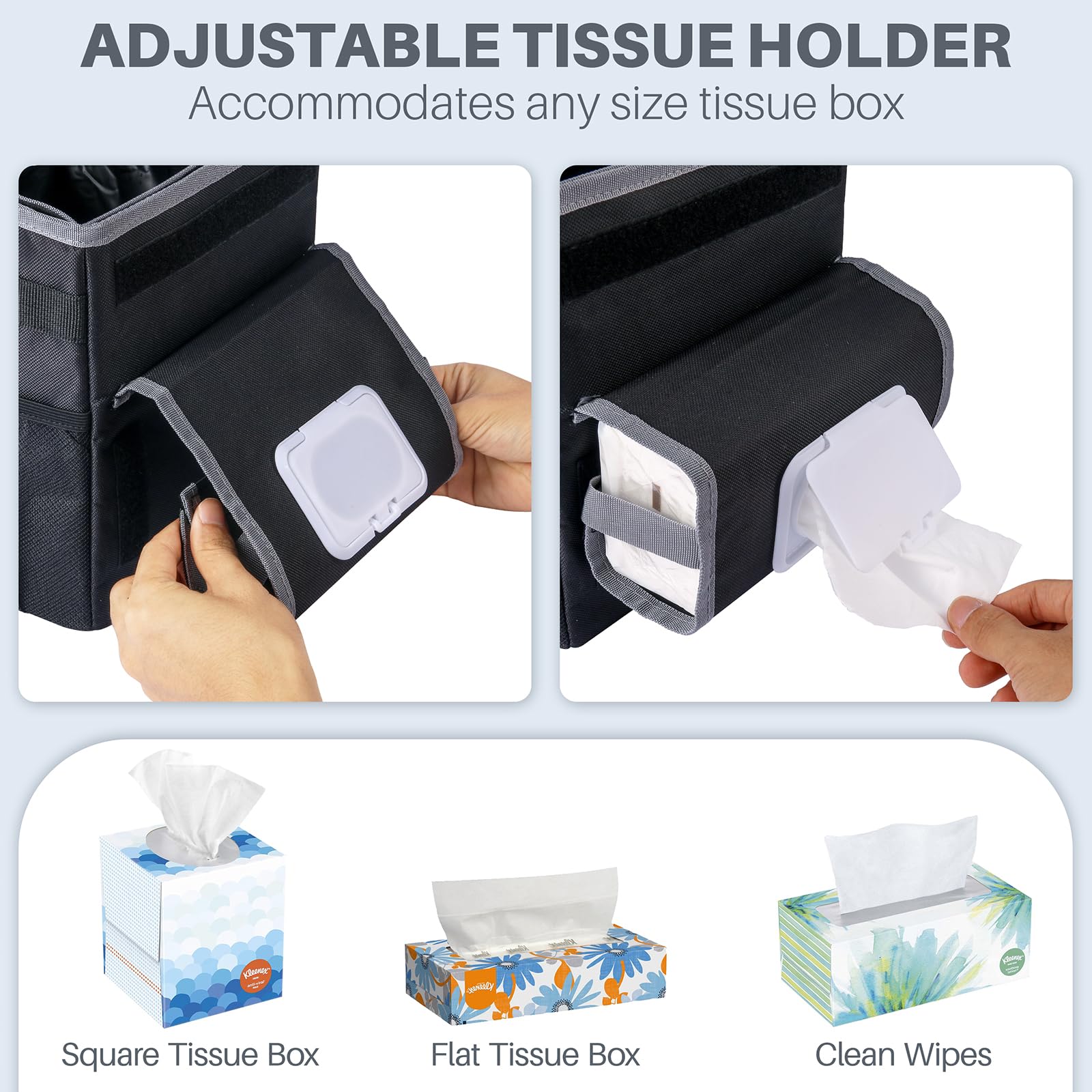 **Leakproof Car Trash Can for Back Seat - 2 Gallon Adjustable Car Garbage Bin with Removable Liners & Tissue Holder - Perfect for SUV, Sedan, Road Trips & Daily Commute (Black)**