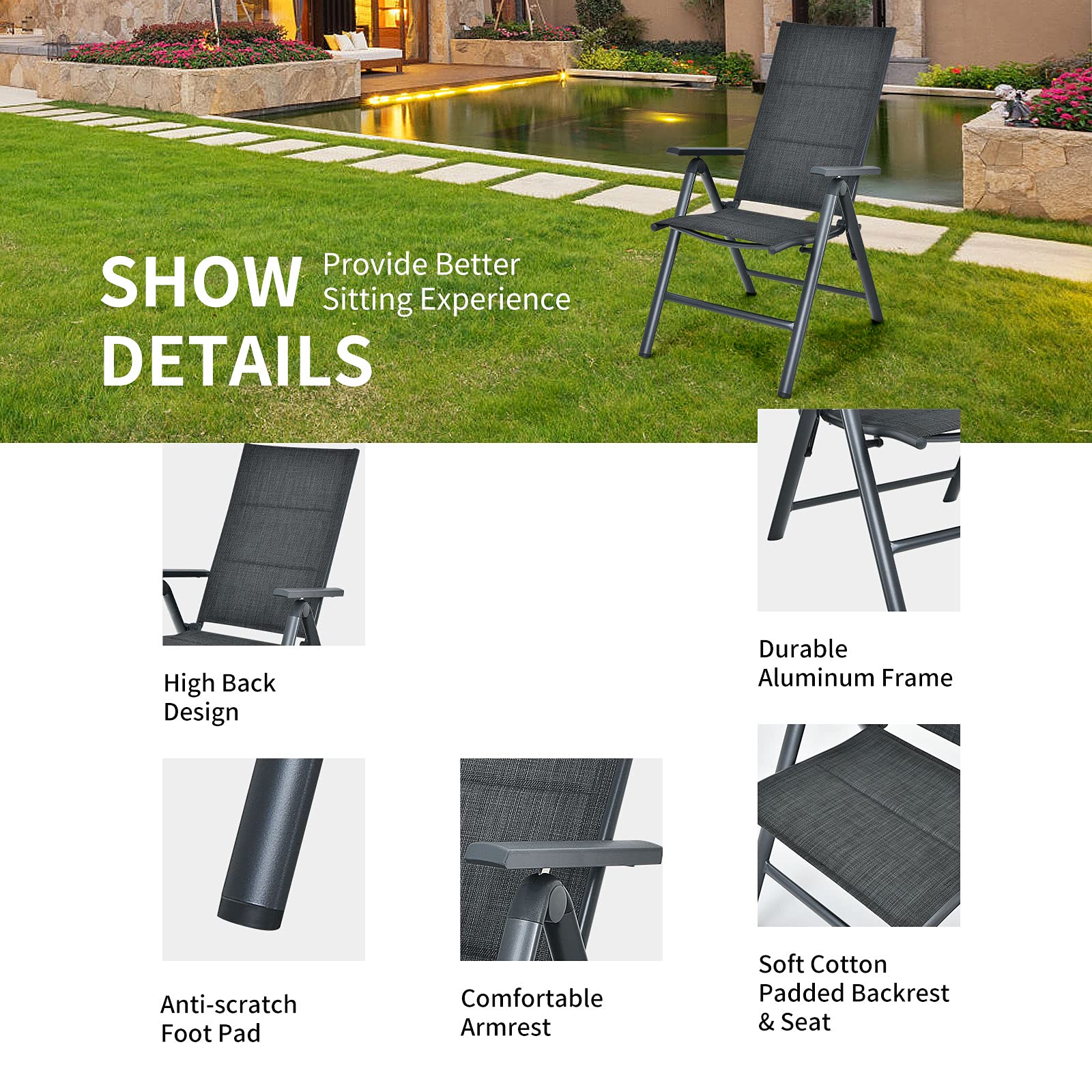Giantex Set of 2 Adjustable Folding Patio Chairs with Padded Seat - 7-Position Reclining Outdoor Lounge Chairs, Durable Aluminum Frame & High Back Support for Poolside, Deck, Garden, and Balcony Relaxation - Gray