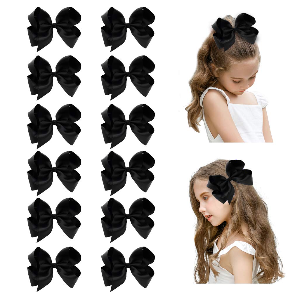 12 PCS 6 Inch Handmade Grosgrain Ribbon Hair Bows with Alligator Clips - Hair Accessories for Toddler Girls & Teens (Black) - Perfect for Parties, School & Special Occasions