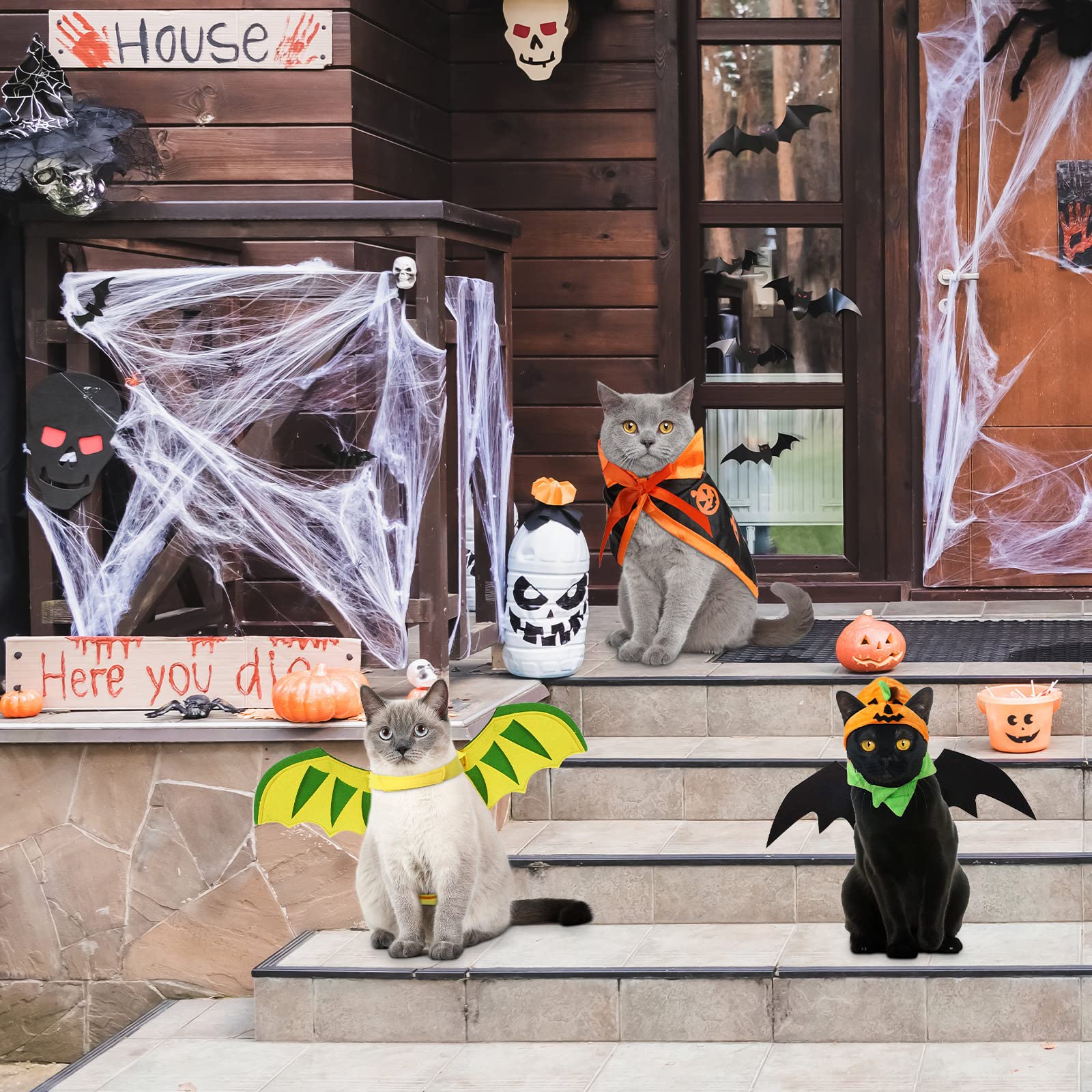 4PCS Halloween Cat Costume Set - Pumpkin Cape, Cute Hat & Bat Wings with Bell | Pet Cosplay Dress Up Accessories for Halloween Parties & Photo Shoots