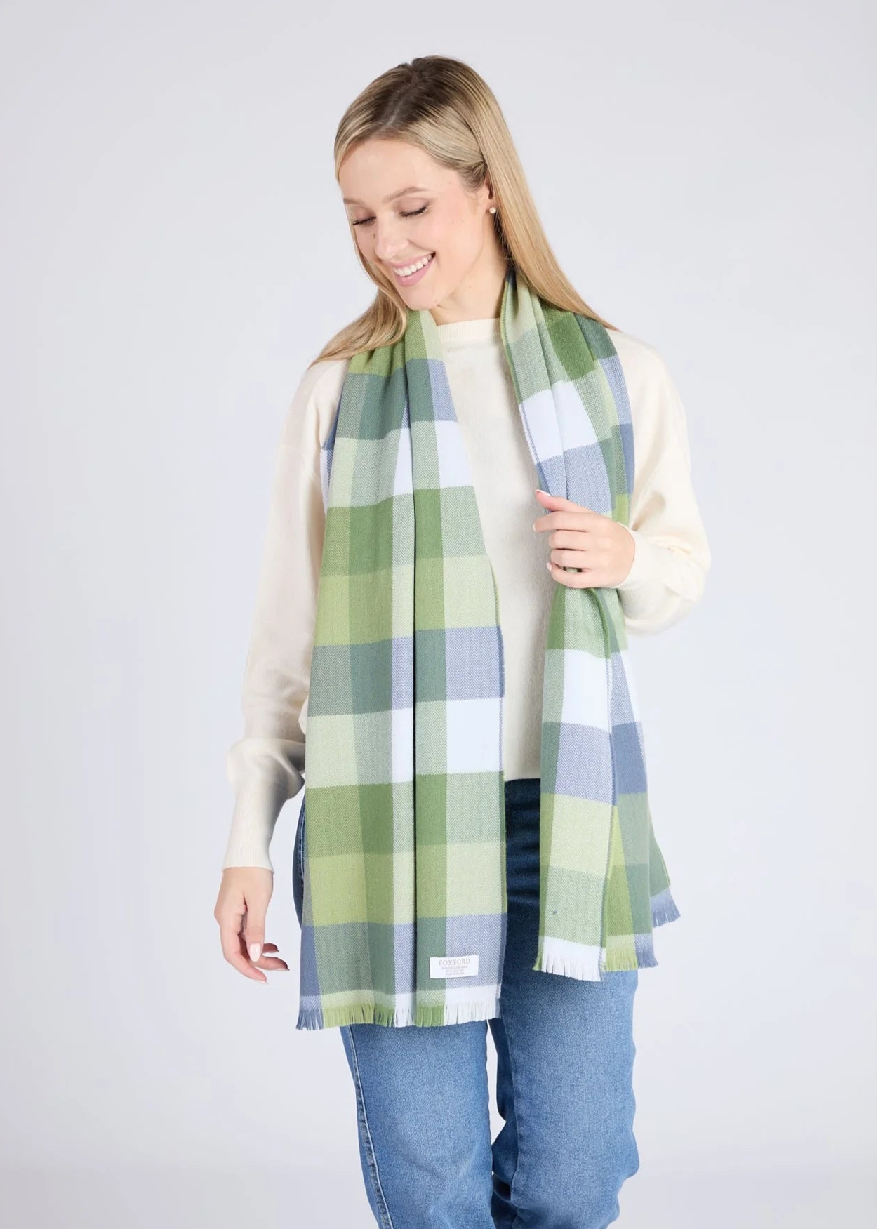Foxford Giant Merino Wool Scarf - Soft Warm Winter Accessory in Green & Blue Block Check Pattern | Perfect for Outdoor Activities, Travel & Cold Weather Fashion