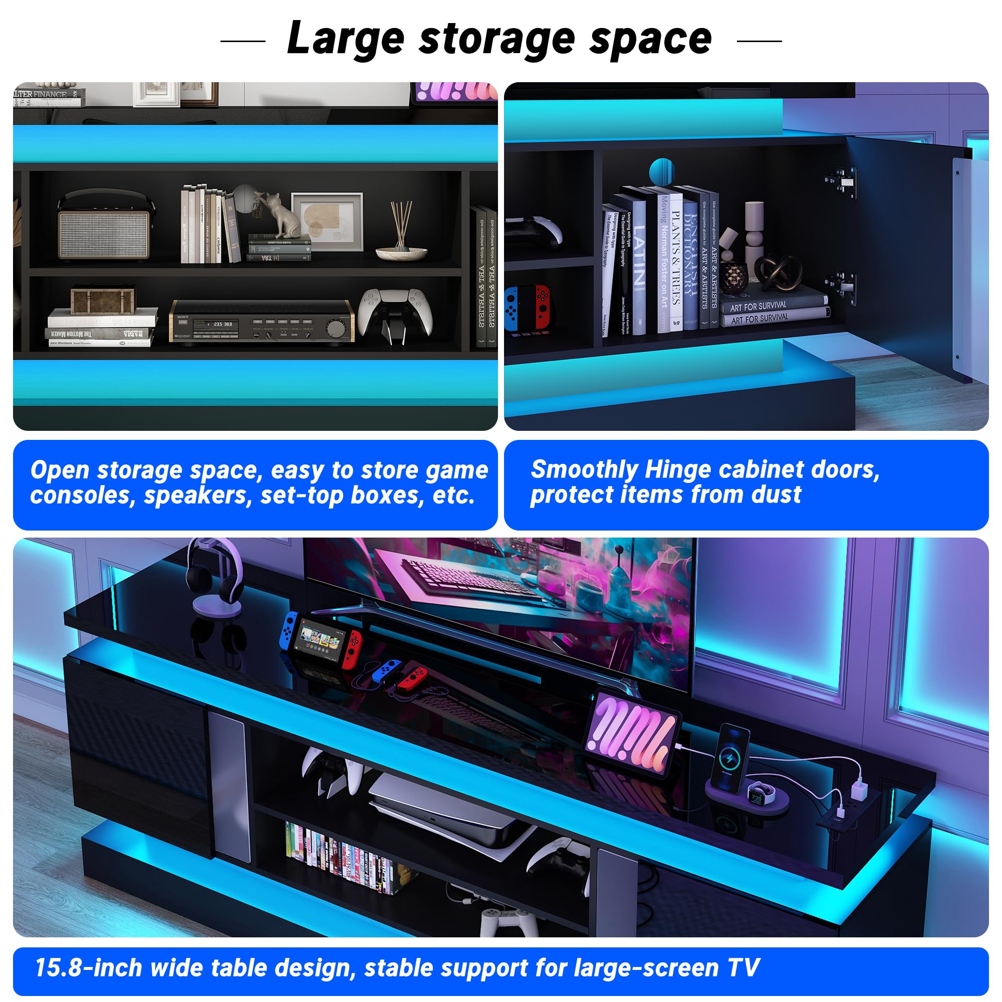 71IN Modern LED TV Stand with Power Outlet for 85/80/75 Inch TVs - High Glossy Gaming Entertainment Center with 2 Storage Cabinets & Dual LED Light Strips - Perfect for Living Room, Bedroom & Home Theater Setup (Black)