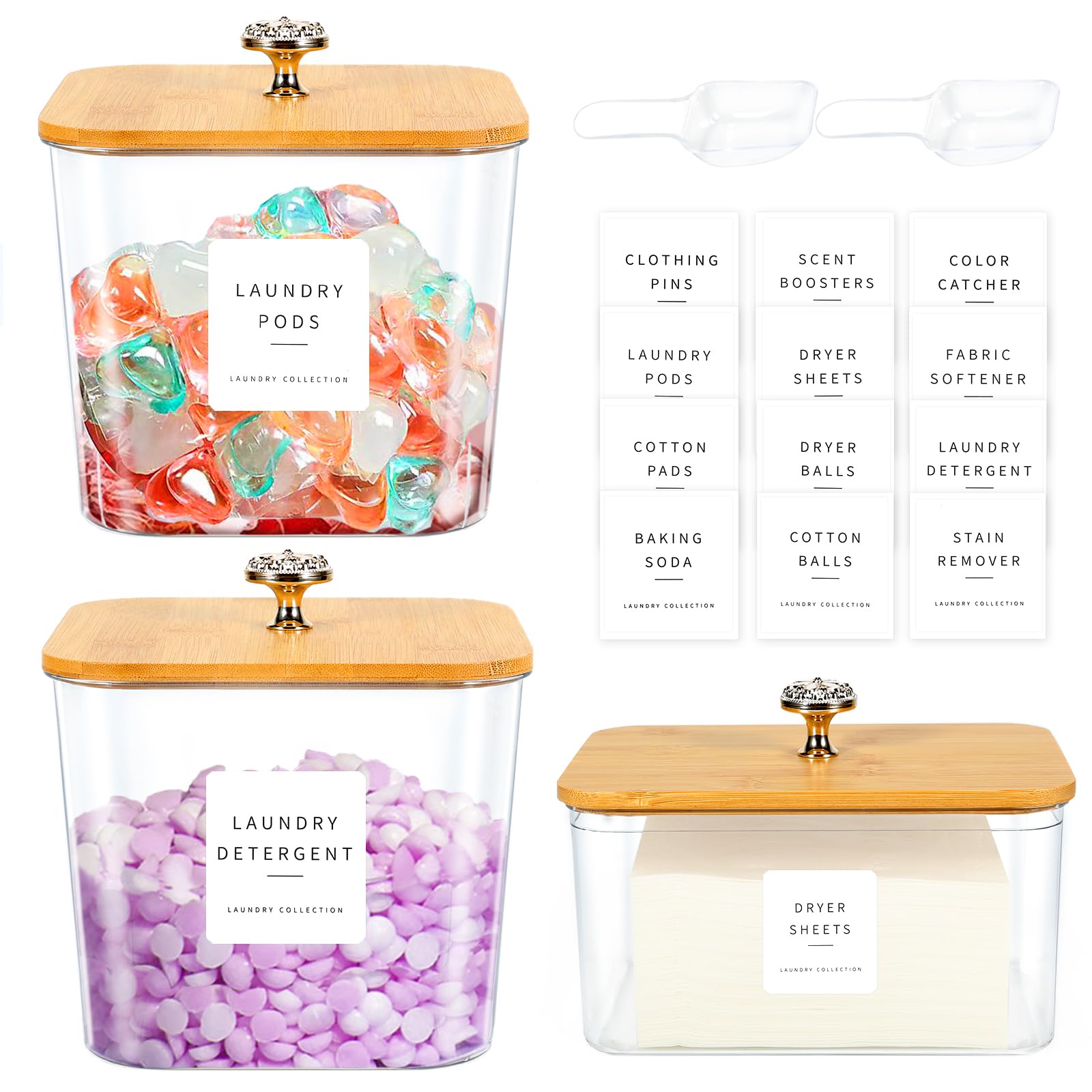3 Pack Laundry Storage Containers Set - 2 Half Gallon Detergent Pod Holders + Dryer Sheet Organizer with Lids & Labels | Perfect for Laundry Room, Closet & Utility Room Organization (Whites & Colors)