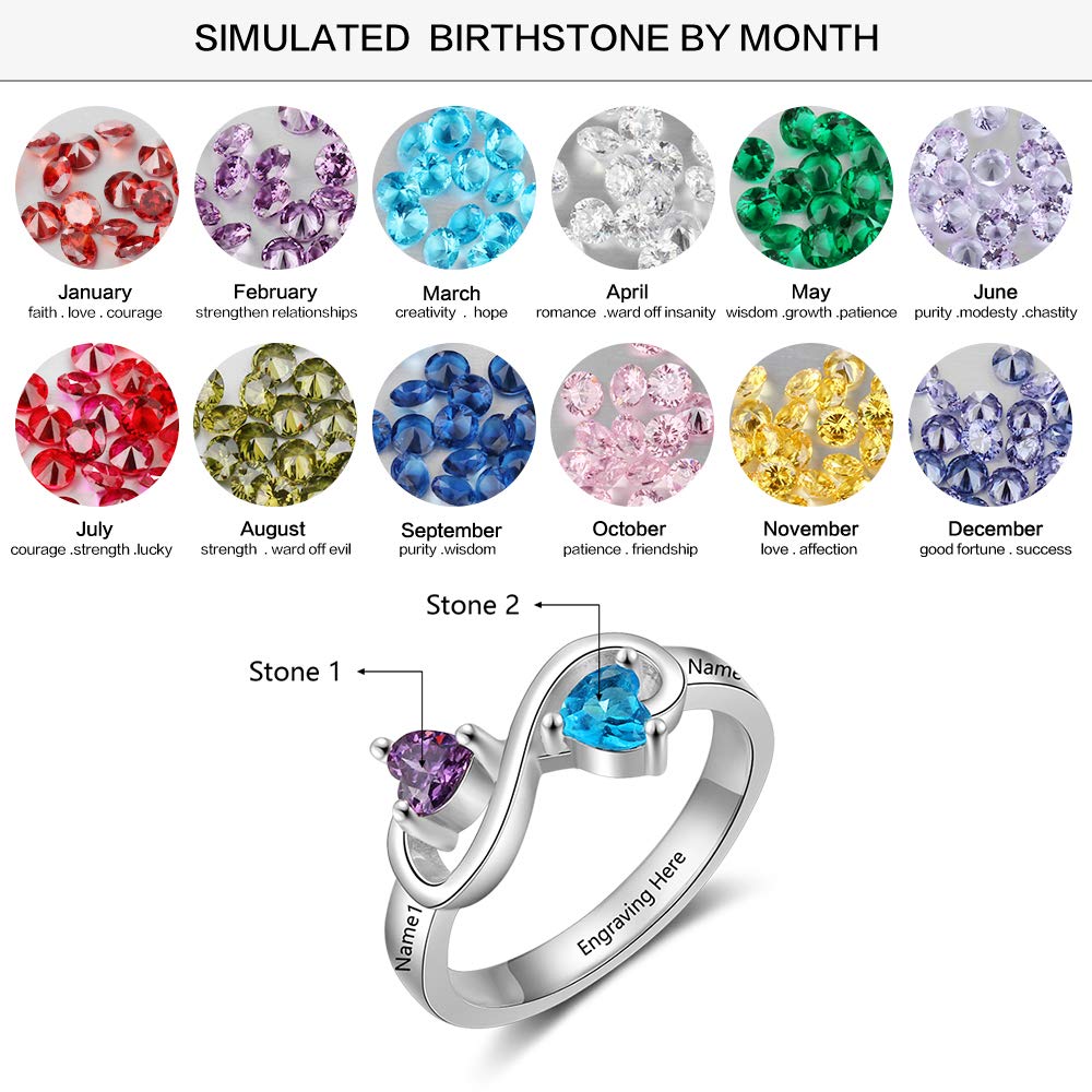 Personalized Infinity Mother's Ring with 2 Birthstones - Custom Engraved Name Promise Ring for Women, Mom & Wife - Perfect for Mother's Day Gifts, Anniversary & Special Occasions
