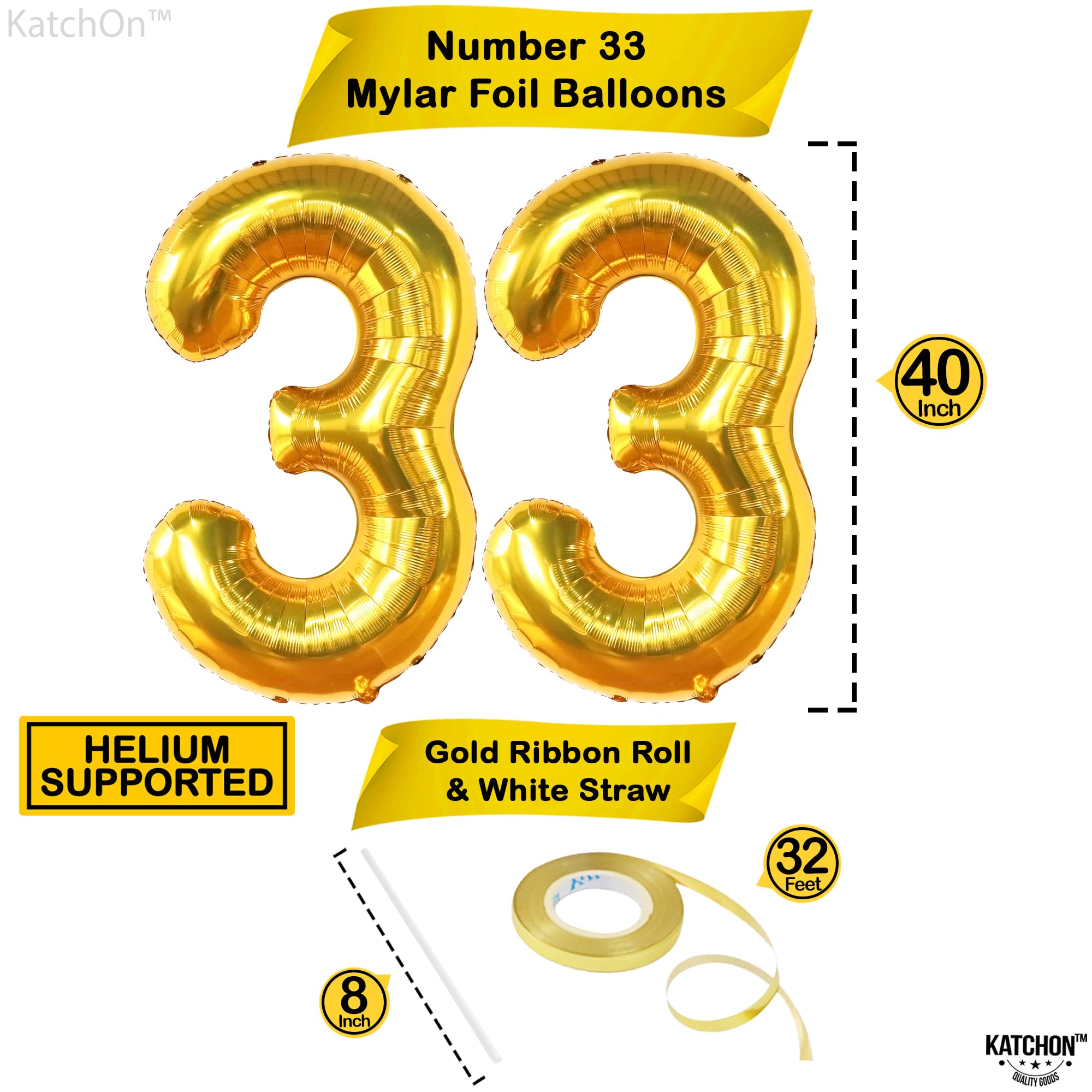 KatchOn Giant 33 Balloon Numbers Gold - 40 Inch Large Foil Number Balloons for Birthday Party Decorations | Gold 33 Number Balloon for Men & Women's 33rd Birthday Party Decor | Perfect for Anniversary, Graduation, Retirement Celebrations & Photo Backdrops
