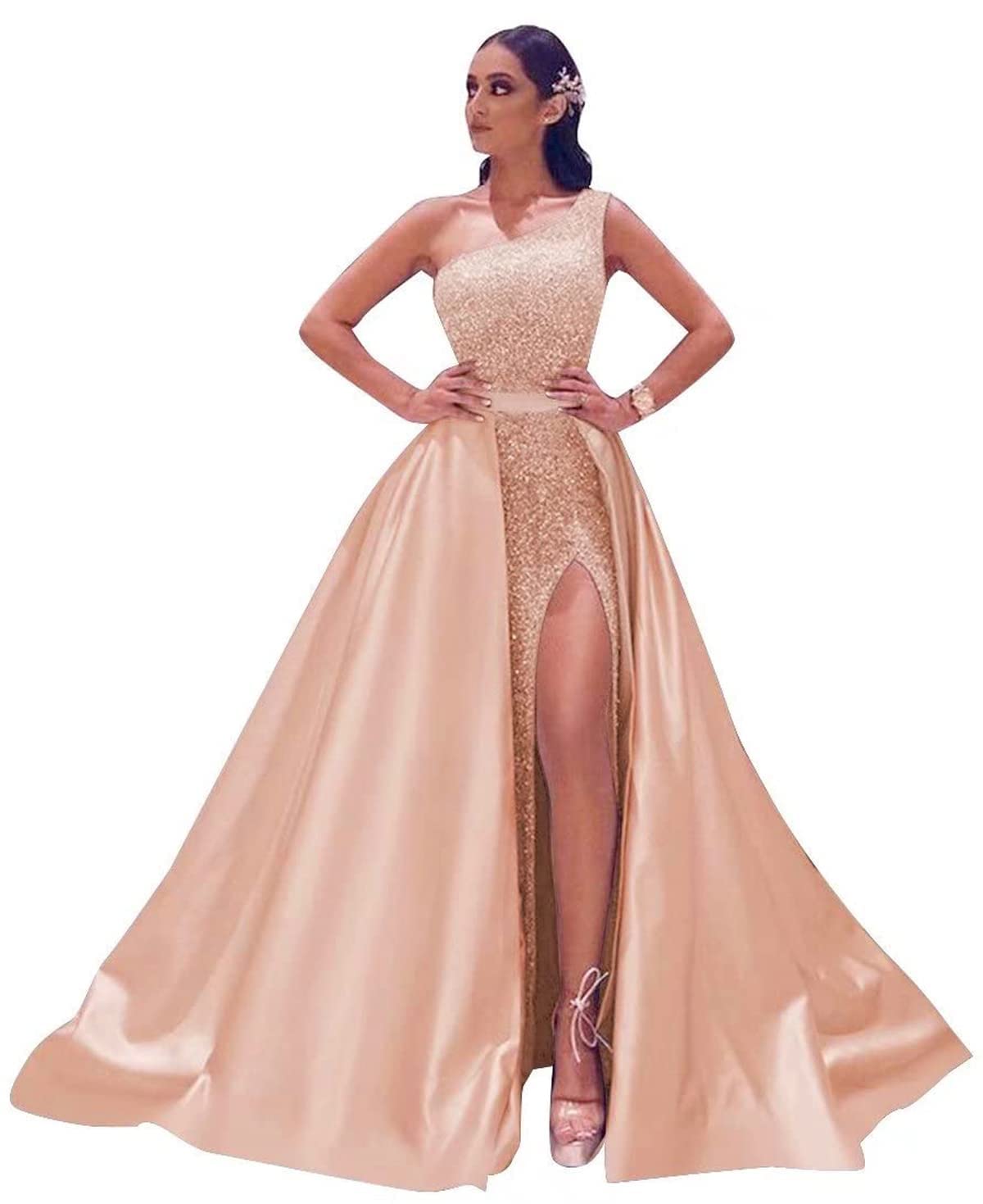 ROOALOSLEE Women's One Shoulder Sparkly Sequin Prom Dress with High Slit - Elegant Evening Gown for Formal Dances, Galas & Special Occasions