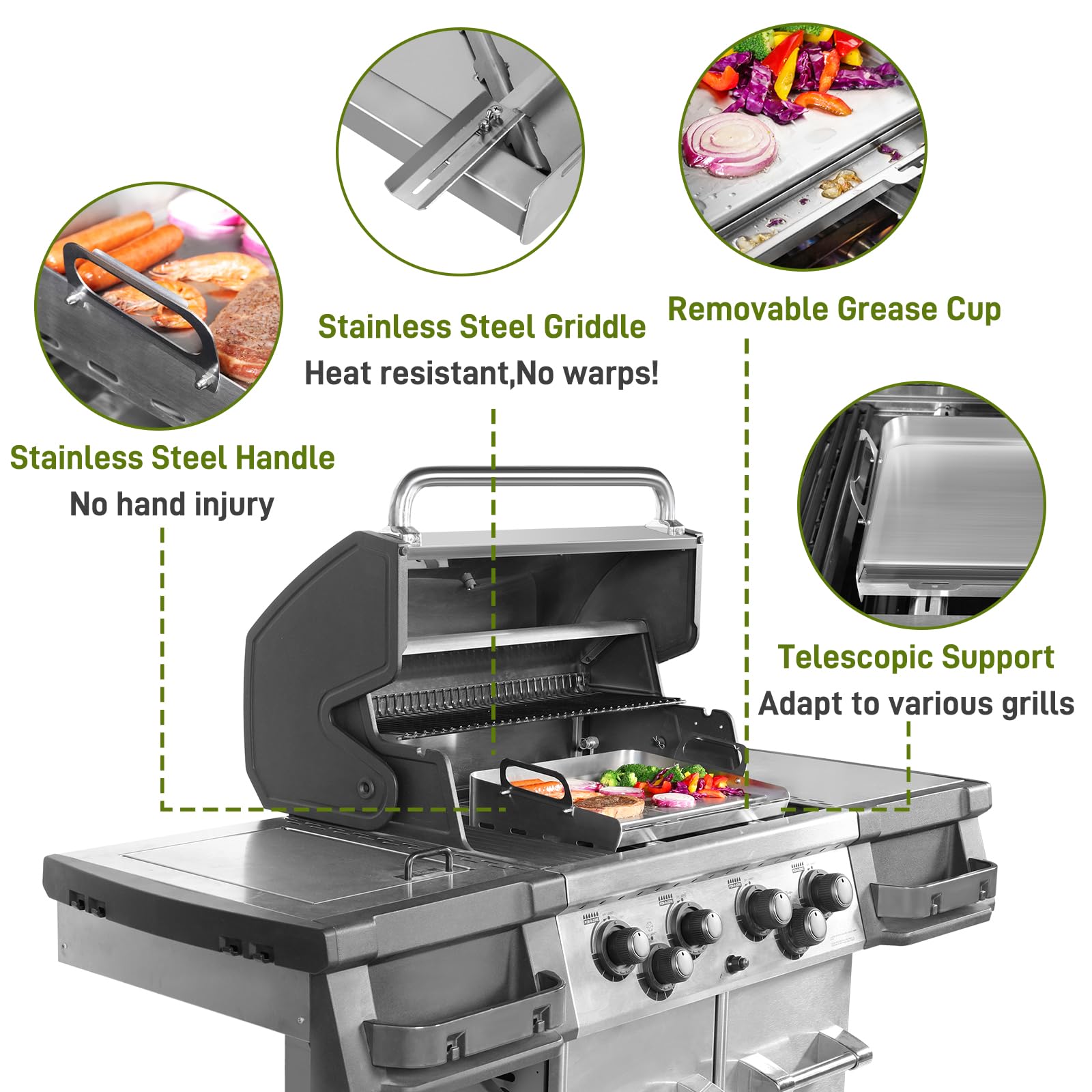 Stainless Steel Griddle for Gas Grill - 17x13 Inch Flat Top Grill with Removable Grease Tray | Perfect for Camping, Tailgating & Outdoor Cooking | Stovetop Griddle for Gas Burners, BBQs & Patio Parties