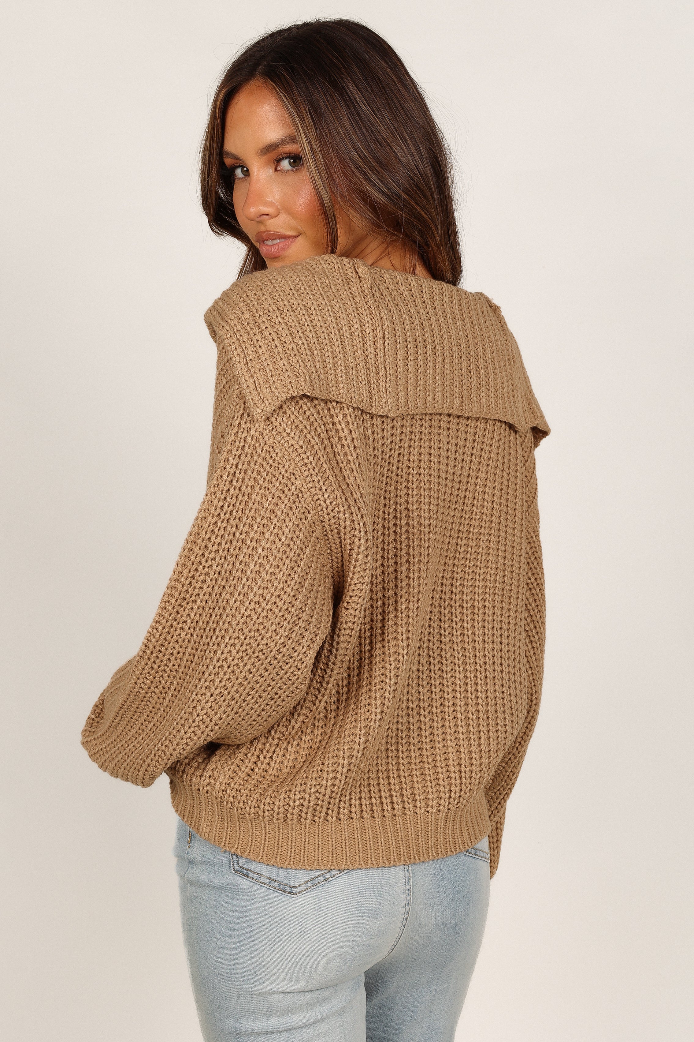 Amelia Oversized Collar Button-Up Cardigan Sweater for Women - Soft Knit Long Sleeve Open Front Coatigan in Camel Brown - Perfect for Fall Layering, Office Wear & Casual Outfits