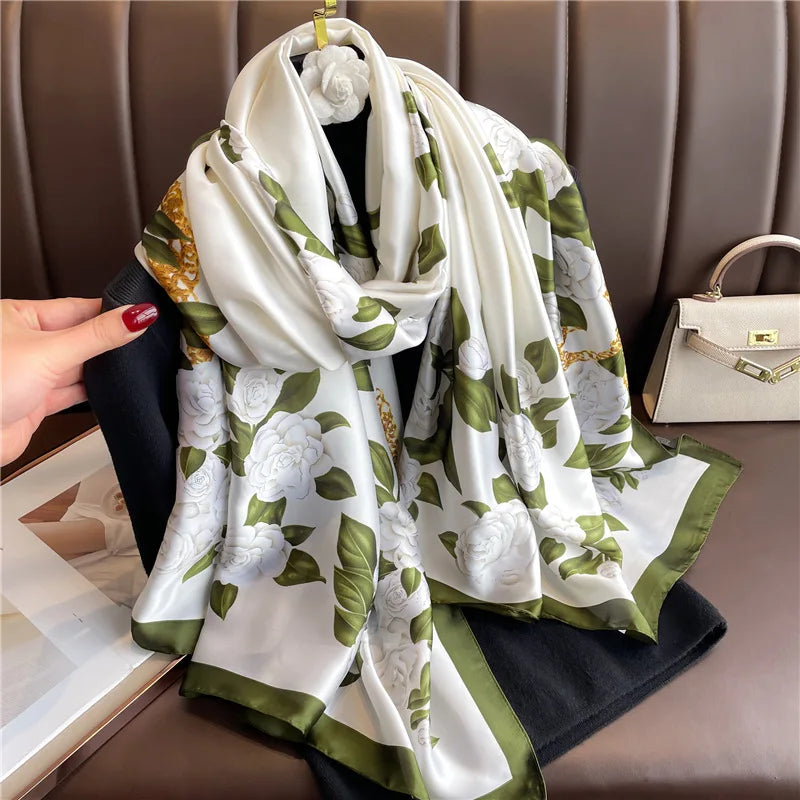 180x90cm Luxury Silk Scarf for Women - Floral Printed Large Shawl, Sun Protection Wrap, Soft Bandana, Hijab & Muffler - Perfect for Beach, Travel, and Formal Occasions