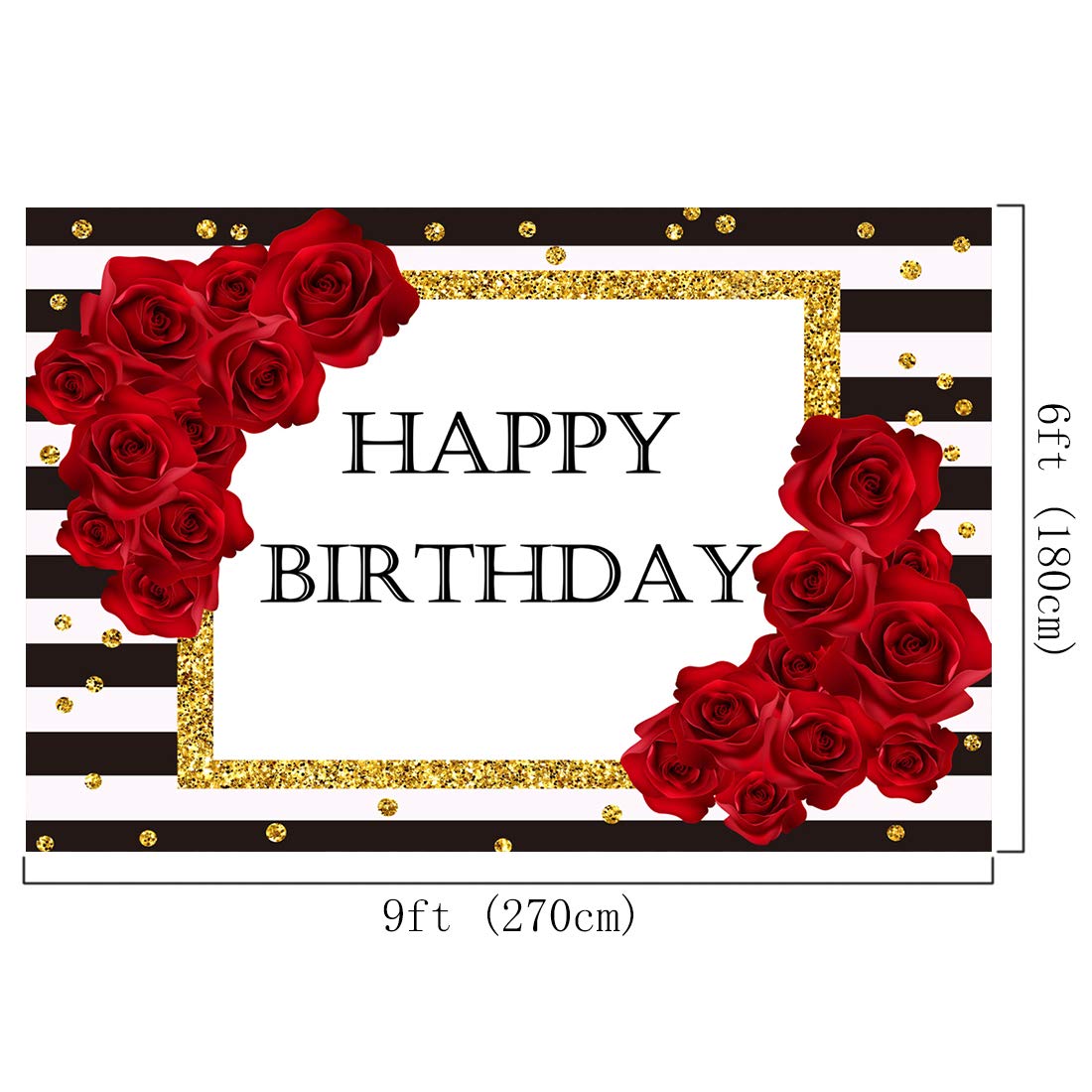 Elegant Red Rose & Black White Stripes Glitter Birthday Backdrop - 9x6ft Photo Booth Decor for Women's Party, Anniversary, Bridal Shower & Baby Shower | Premium Party Background Banner