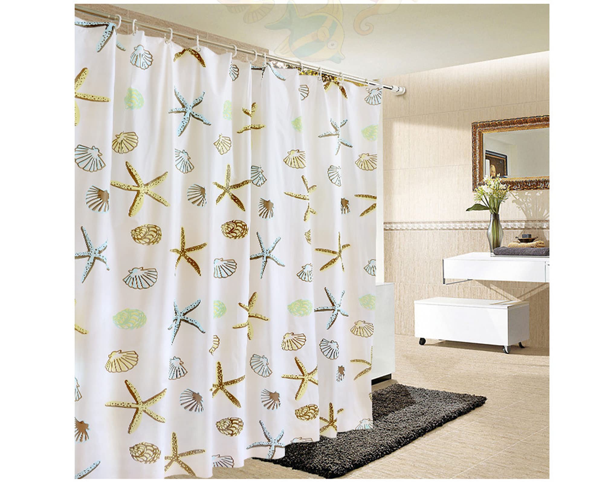Ocean Theme Waterproof Beach Shower Curtain Set with Seashells & Starfish Design - 71x79 Inch Coastal Bathroom Decor for Bathrooms, Beach Houses & Vacation Rentals