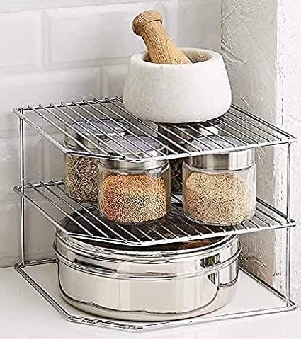 3-Tier Steel Countertop Corner Storage Rack for Kitchen - Space Saving Plate, Dish, Pan & Pot Organizer Stand | Silver Kitchen Shelf for Counter Organization | Perfect for Small Kitchens, Apartments & Dorm Rooms