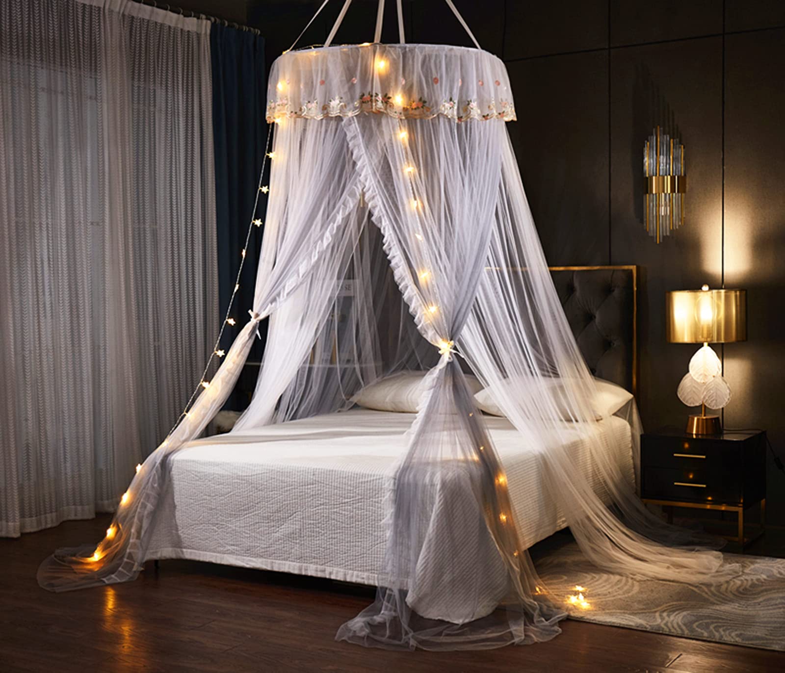 VETHIN Princess Bed Canopy for Girls - Double Layer Sheer Mesh Dome with Elegant Embroidery Lace, Mosquito Net Bed Curtain for Full/Queen/King Size Beds, Includes LED Star String Lights (Grey/White) - Perfect for Kids' Bedrooms, Sleepovers & Fairy Tale Themed Decor