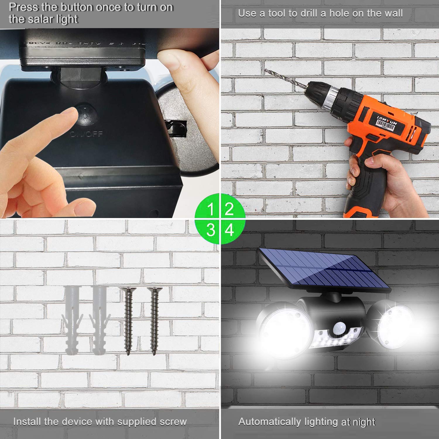 Solar Powered Outdoor Security Lights with Motion Sensor - Dual Head LED Spotlights, Waterproof & 360° Adjustable for Garden, Garage, Patio (1 Pack) - Perfect for Nighttime Safety & Landscape Lighting