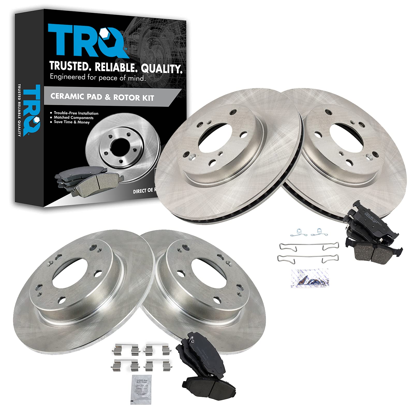 TRQ Front and Rear Brake Pad & Rotor Kit - Ceramic Brake Pads and Rotors for 2016-2021 Honda Civic - Perfect for Smooth Stopping and Enhanced Safety in City Driving and Highway Conditions