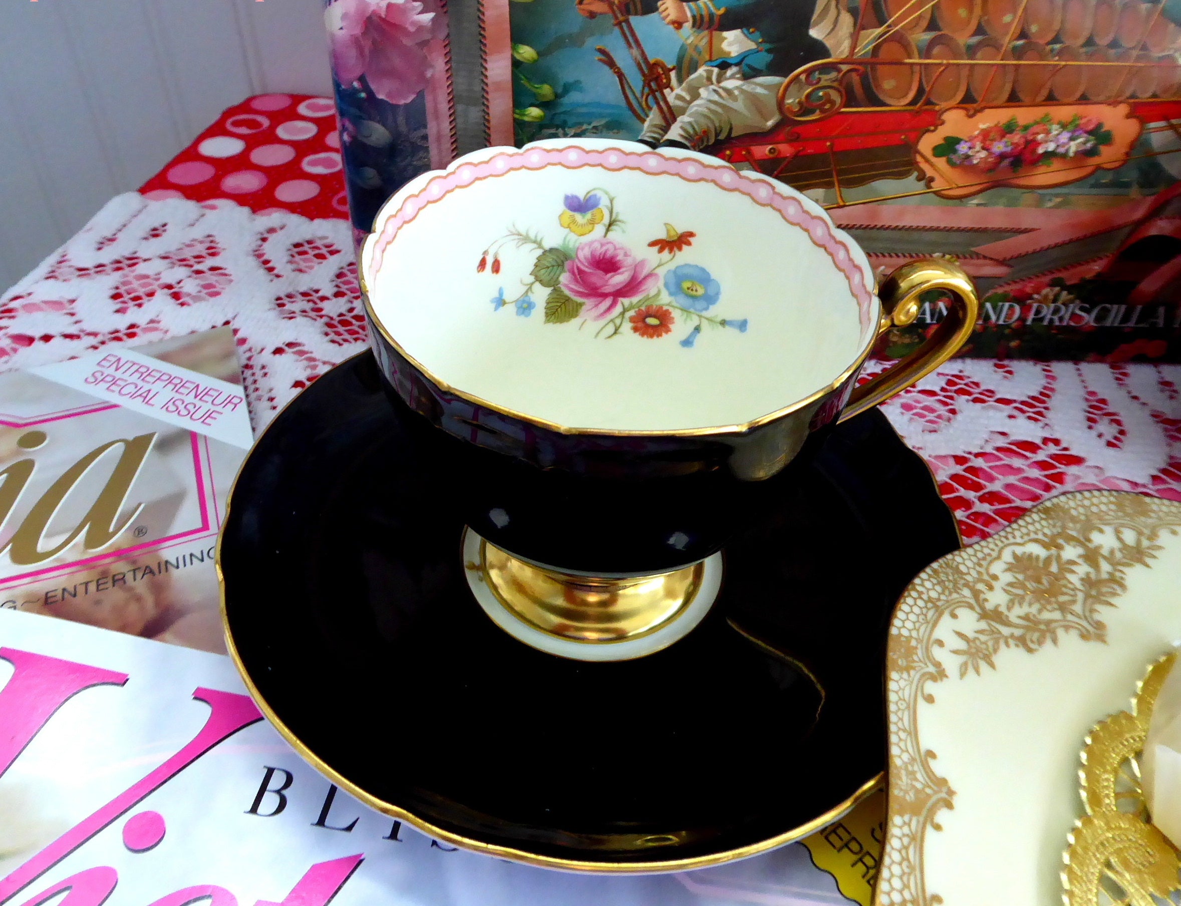 Vintage Shelley Shiny Black Ripon Cup and Saucer Set - 1950s Rose and Red Daisy Bead Trim - Perfect for Afternoon Tea, Collectible China, and Vintage Home Decor