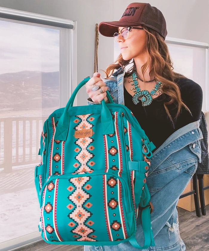 Wrangler Aztec Southwestern Print Diaper Bag - Stylish Baby Essentials Organizer for Travel, Outings & Daily Use