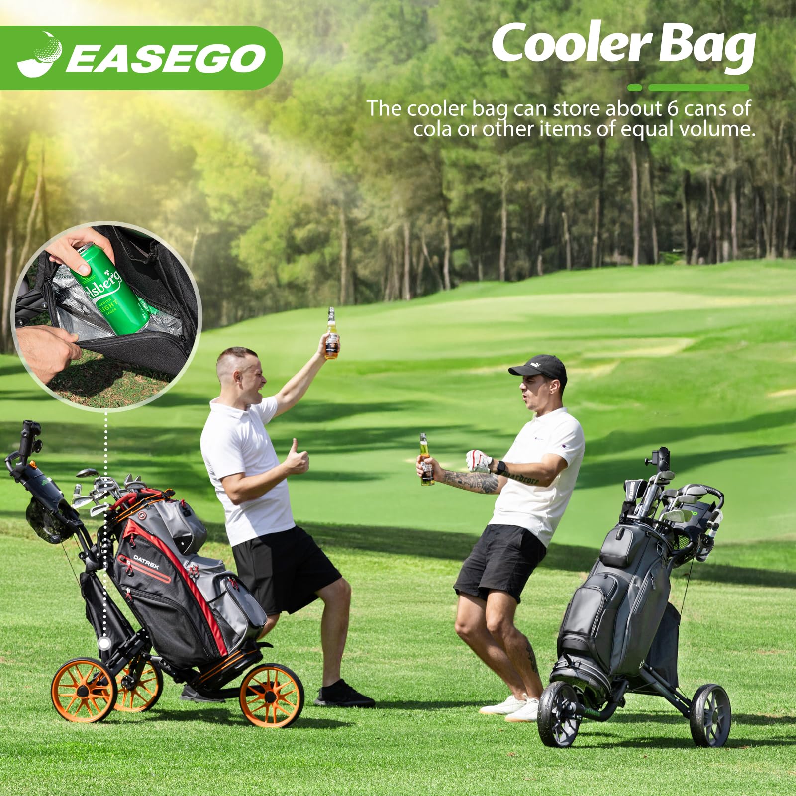 **3 Wheel Golf Push Cart - Foldable Golf Bag Caddy with Phone Holder, Cup Holder & Umbrella Holder | Compact & Quick Fold Design | Large Wheelbase for All Terrains | Perfect for Golfers, Seniors & Beginners**    *(Use Case: Ideal for golf courses, practice ranges, or casual strolls – lightweight, portable, and easy to store!)*