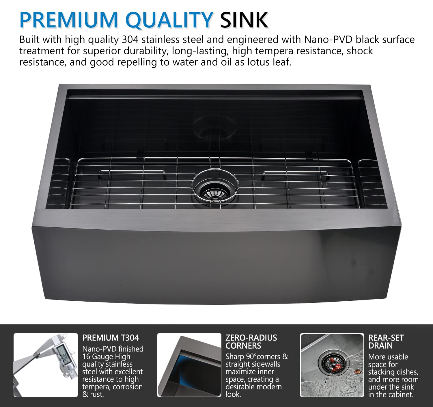30 Inch Black Undermount Farmhouse Kitchen Sink - 16 Gauge Stainless Steel Apron Front Sink with Accessories (30