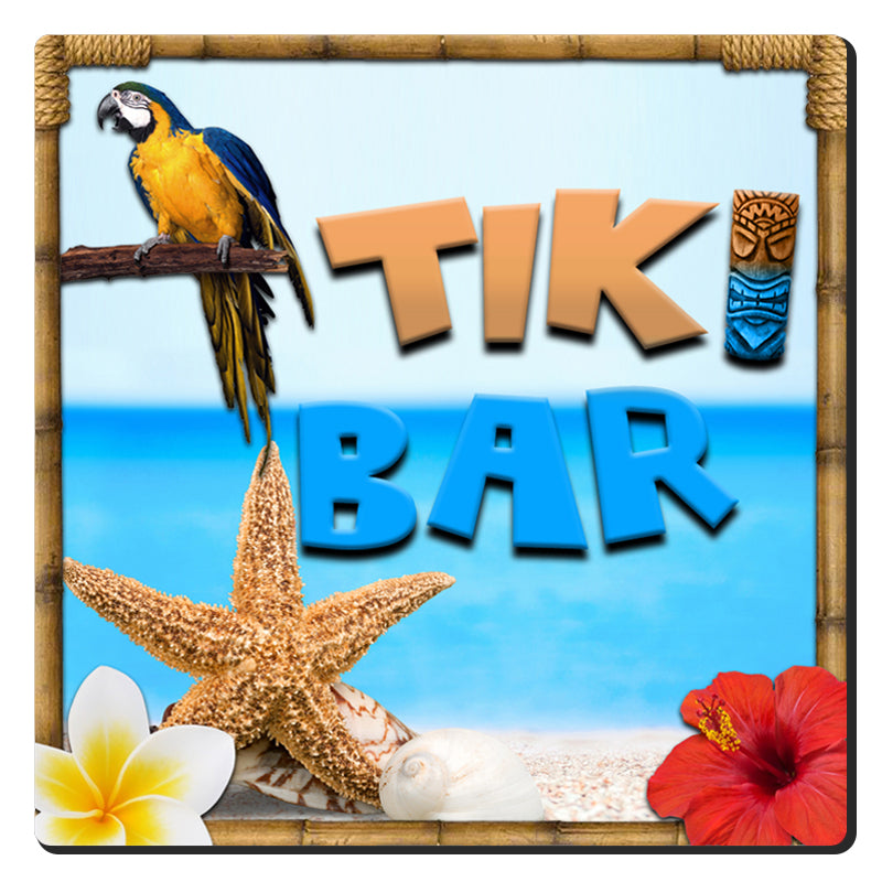 3.5 Inch Square Foam Coaster Set - Tropical Tiki Beach Design - Absorbent Drink Coasters for Home Bar, Party, and Outdoor Use
