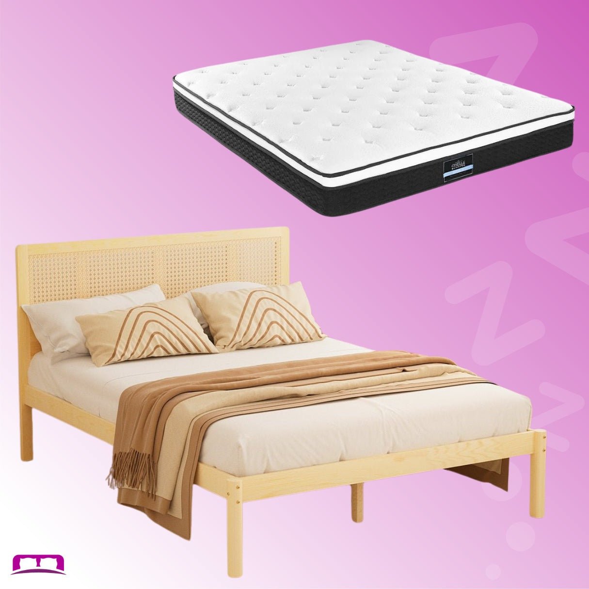 Rita Rattan Wooden Bed Frame with Pine & Bonita Pillow Top Medium Firm Mattress - Double Package, Perfect for Master Bedroom, Guest Room or Vacation Home