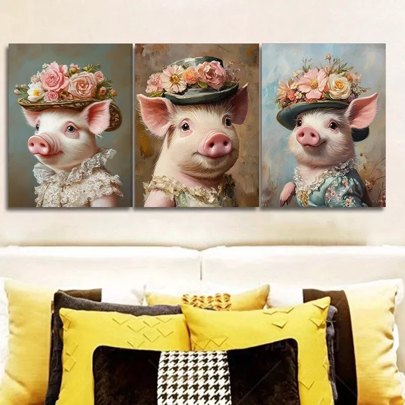 3pc Pig in Stylish Hat Wall Art Set - Framed Canvas 40x60cm - High Quality Print - 100% Australian Made - Ready to Hang - Perfect for Living Room, Bedroom & Office Decor