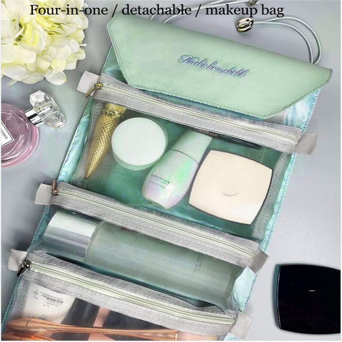 Large Waterproof Hanging Makeup Bag - Foldable Travel Cosmetic Organizer with Detachable Compartments, Green Toiletry Storage for Women | Perfect for Travel, Gym, and Daily Beauty Essentials