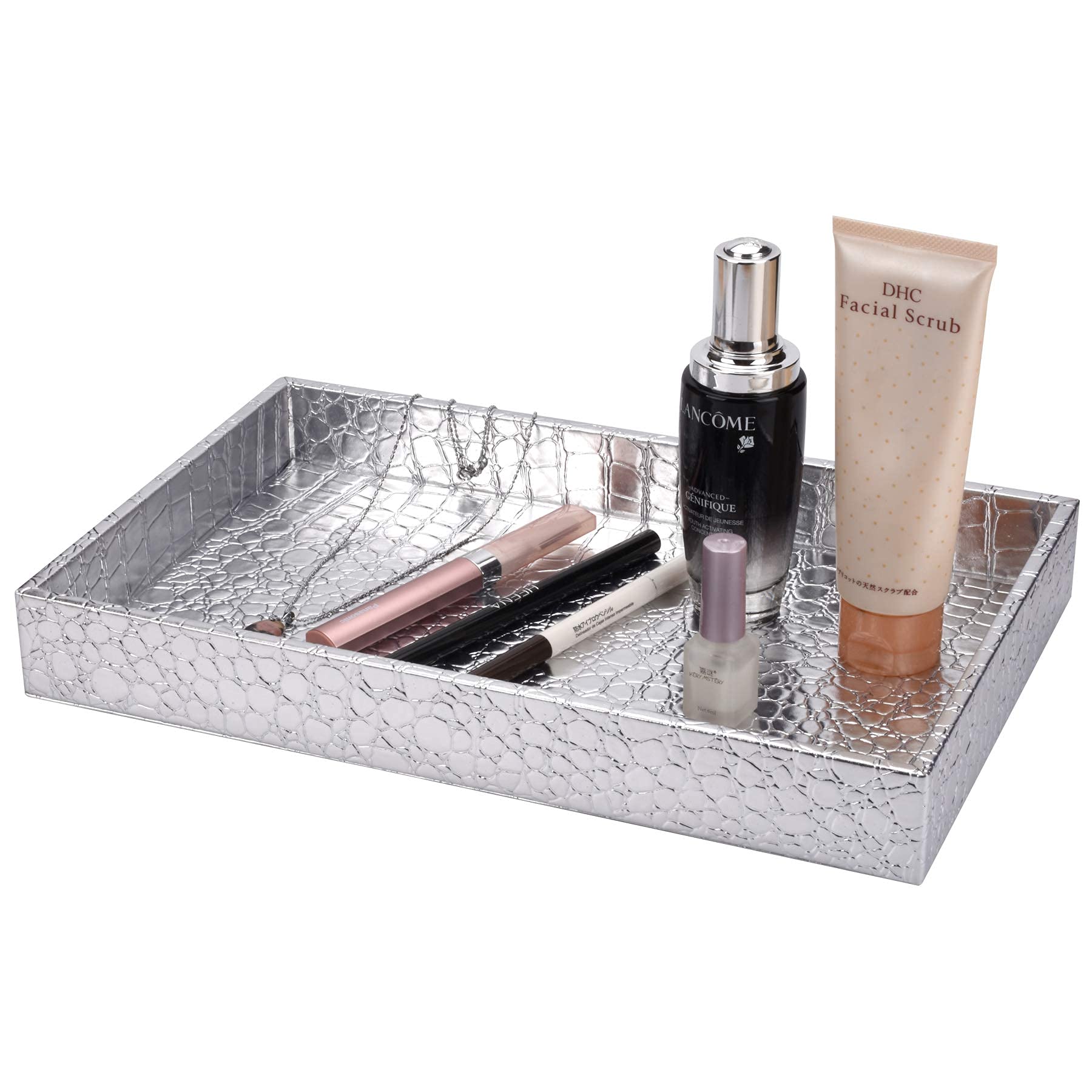 Stylish Faux Leather Silver Vanity Tray - Jewelry Organizer for Perfume, Cosmetics & Makeup | Perfect for Bathroom Counter, Dresser & Nightstand Decor
