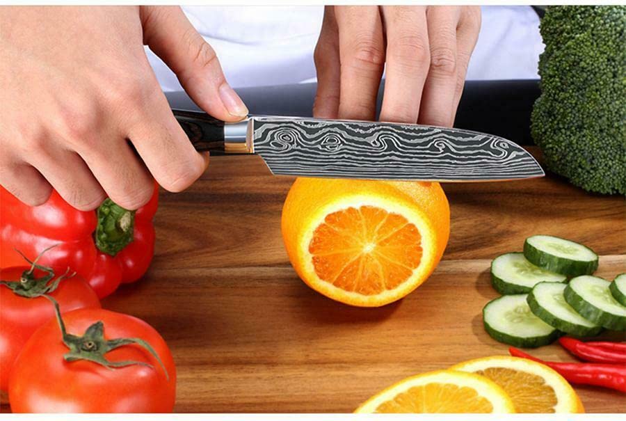 Premium 5-inch Stainless Steel Santoku Utility Knife with Damascus Pattern - Professional Kitchen Knife for Slicing, Dicing & Chopping Vegetables, Meat & Fish - Ideal for Home Chefs & Cooking Enthusiasts