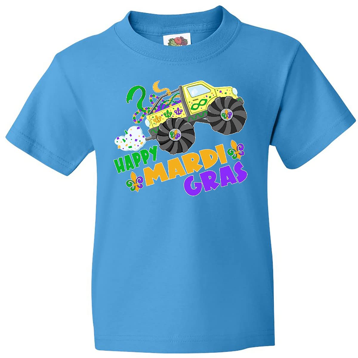 Inktastic Happy Mardi Gras Monster Truck with Beads Youth T-Shirt | Fun Festival Apparel for Kids & Teens | Perfect for Mardi Gras Celebrations, Parades & Costume Parties