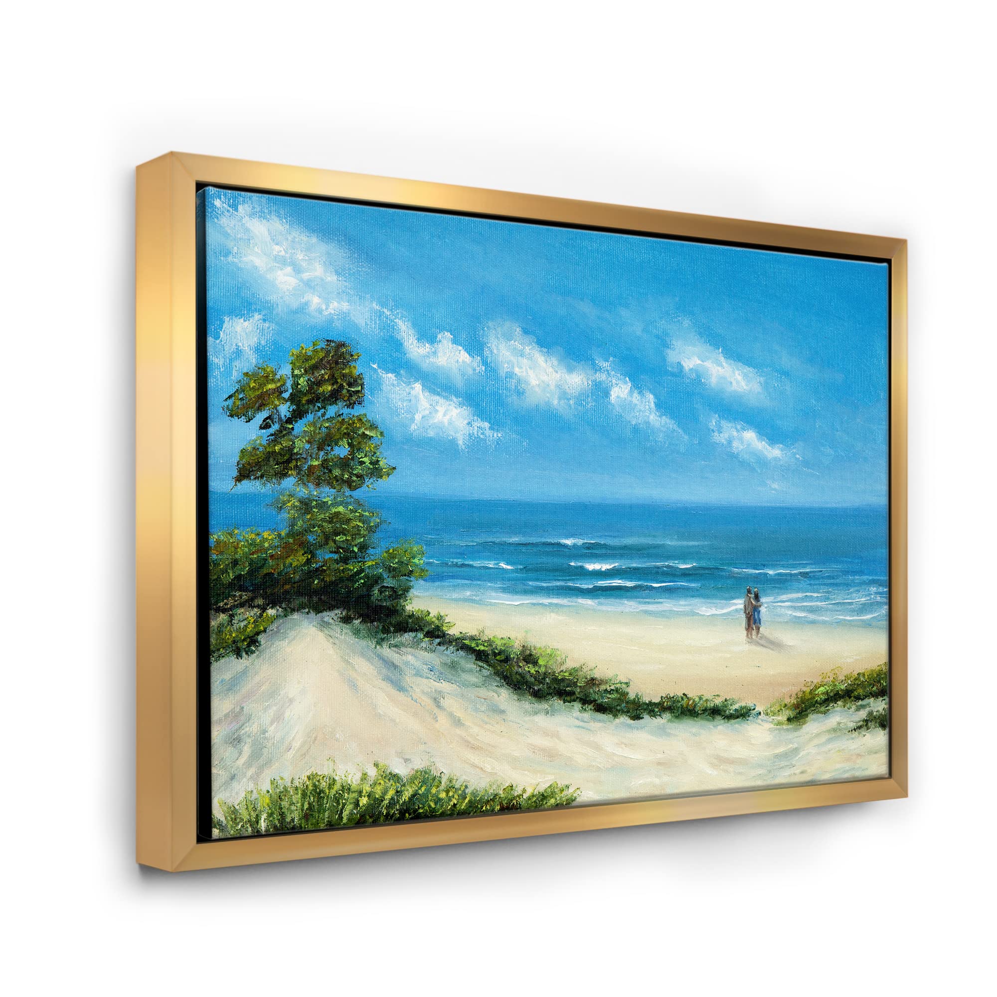 DesignQ Beach Couple Framed Canvas Wall Art - Nautical Coastal Decor for Living Room, Bedroom & Office - Perfect Beach House & Seaside Home Decoration