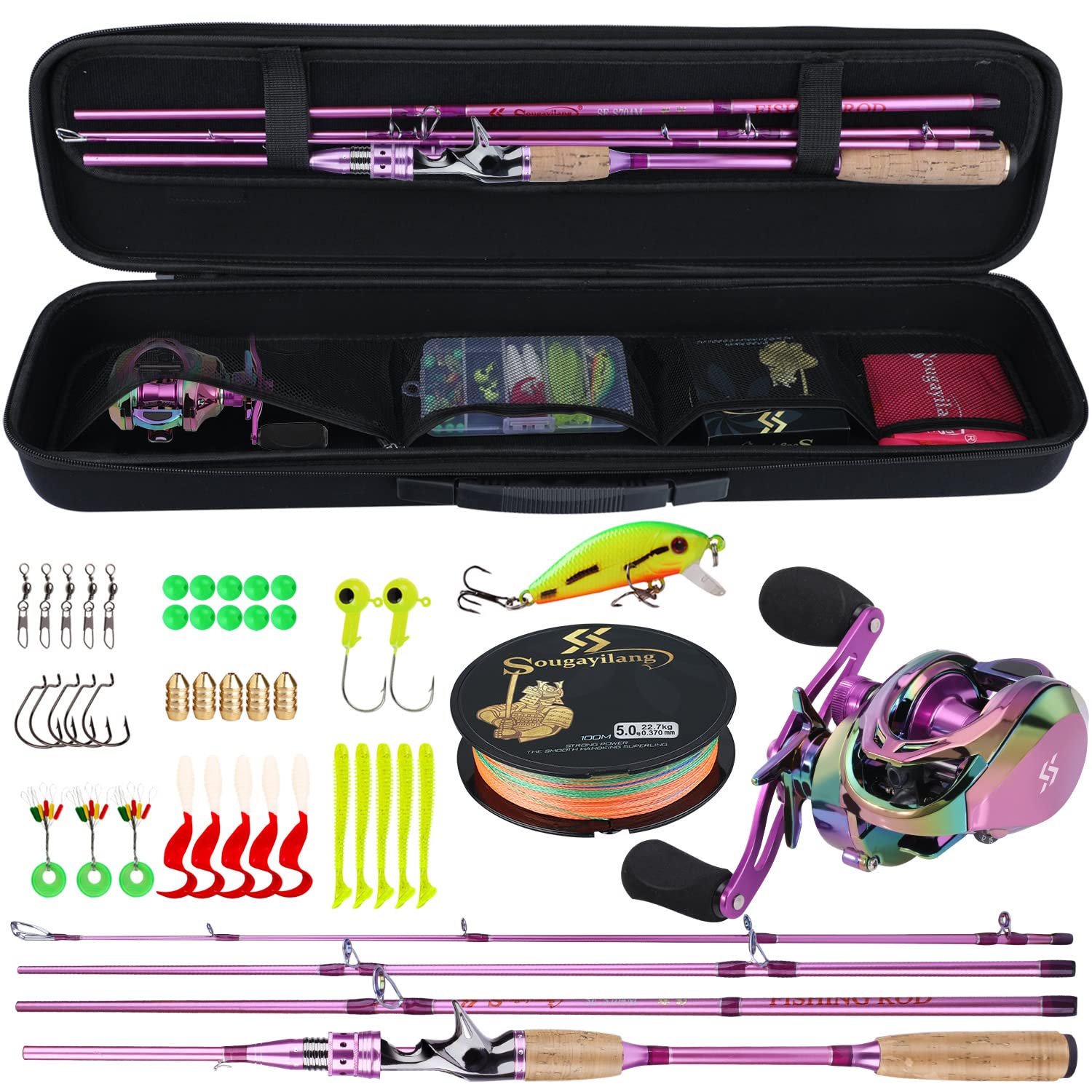 Sougayilang Carbon Fiber Fishing Rod and Reel Combo - Portable Casting & Spinning Pole with Colorful Reel for Freshwater Fishing (4-Piece Travel Set) | Ideal for Bass, Trout, and Outdoor Fishing Adventures