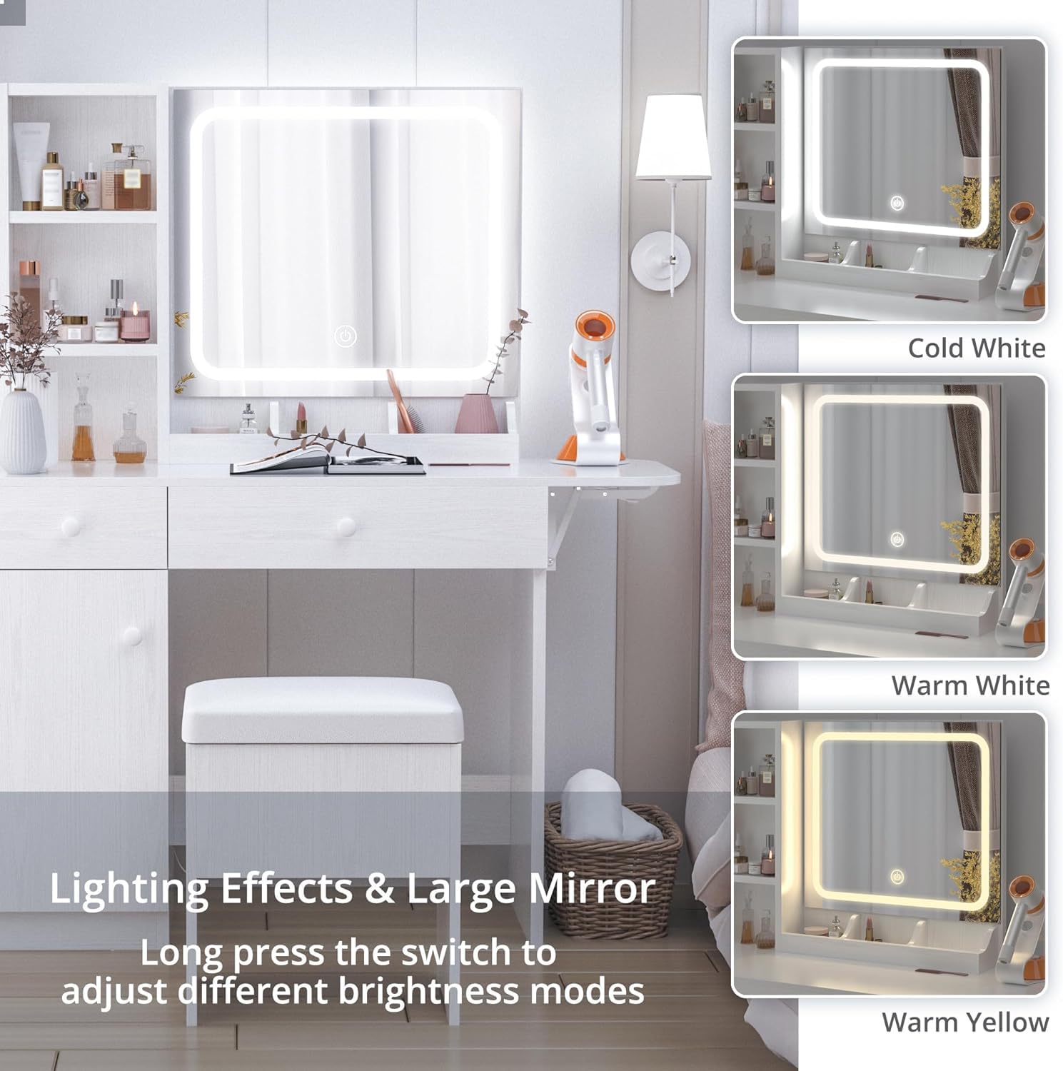 IRONCK White Vanity Desk with LED Lighted Mirror, Power Outlet & Storage Stool - Makeup Dressing Table with Drawers & Cabinet for Bedroom | Perfect for Beauty Routine, Cosmetics Organization & Home Decor