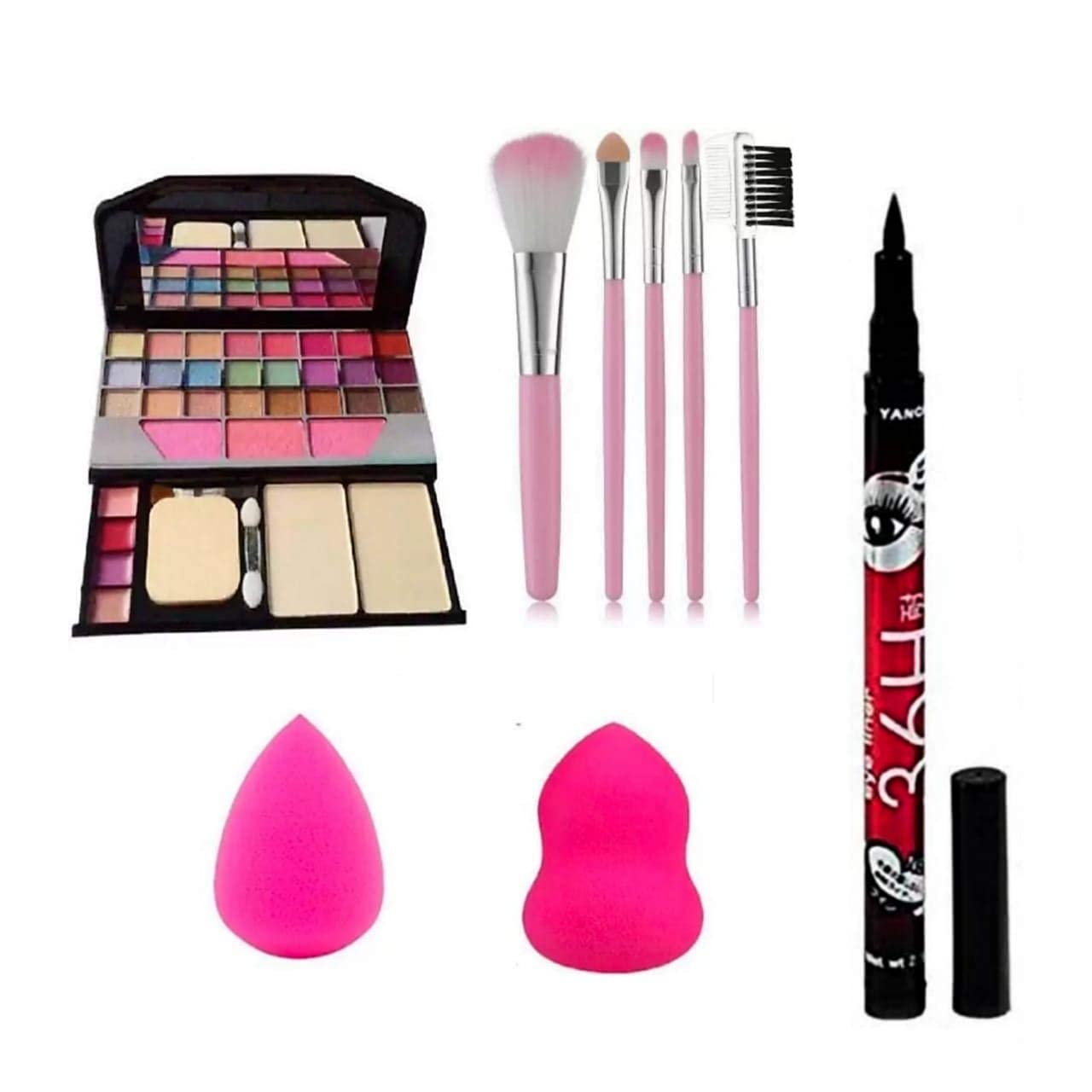 MASTADI Complete Makeup Kit for Girls - 5 Piece Makeup Brush Set, 2 Blender Puffs, 1 Eyeliner (Multicolor) | Perfect for Teens, Beginners & Birthday Gifts | Home Use, Parties & Cosplay