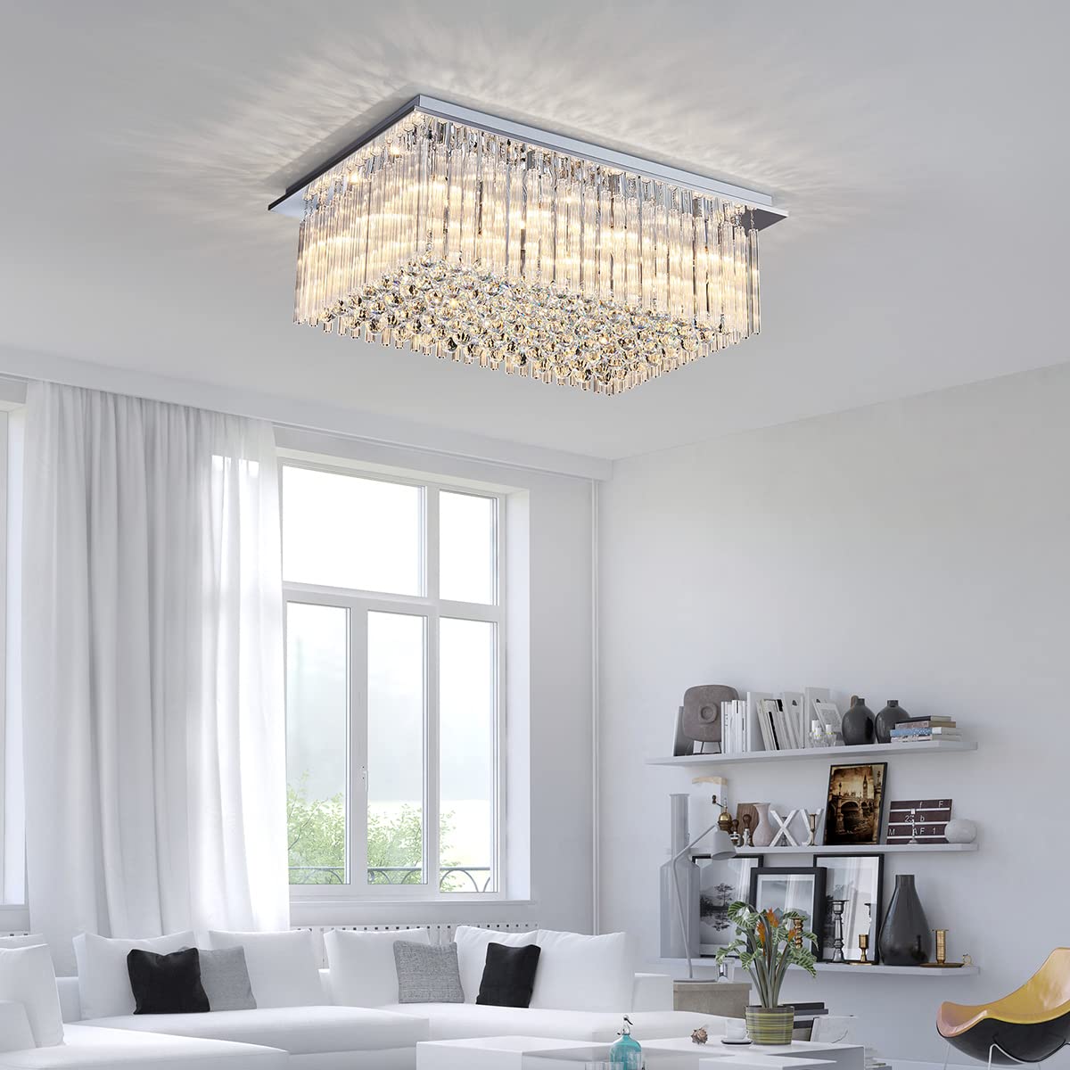 Saint Mossi 12-Lights Modern Crystal Chandelier - K9 Crystal Flush Mount Ceiling Light Fixture with Raindrop Design for Bedroom, Dining Room & Living Room (32