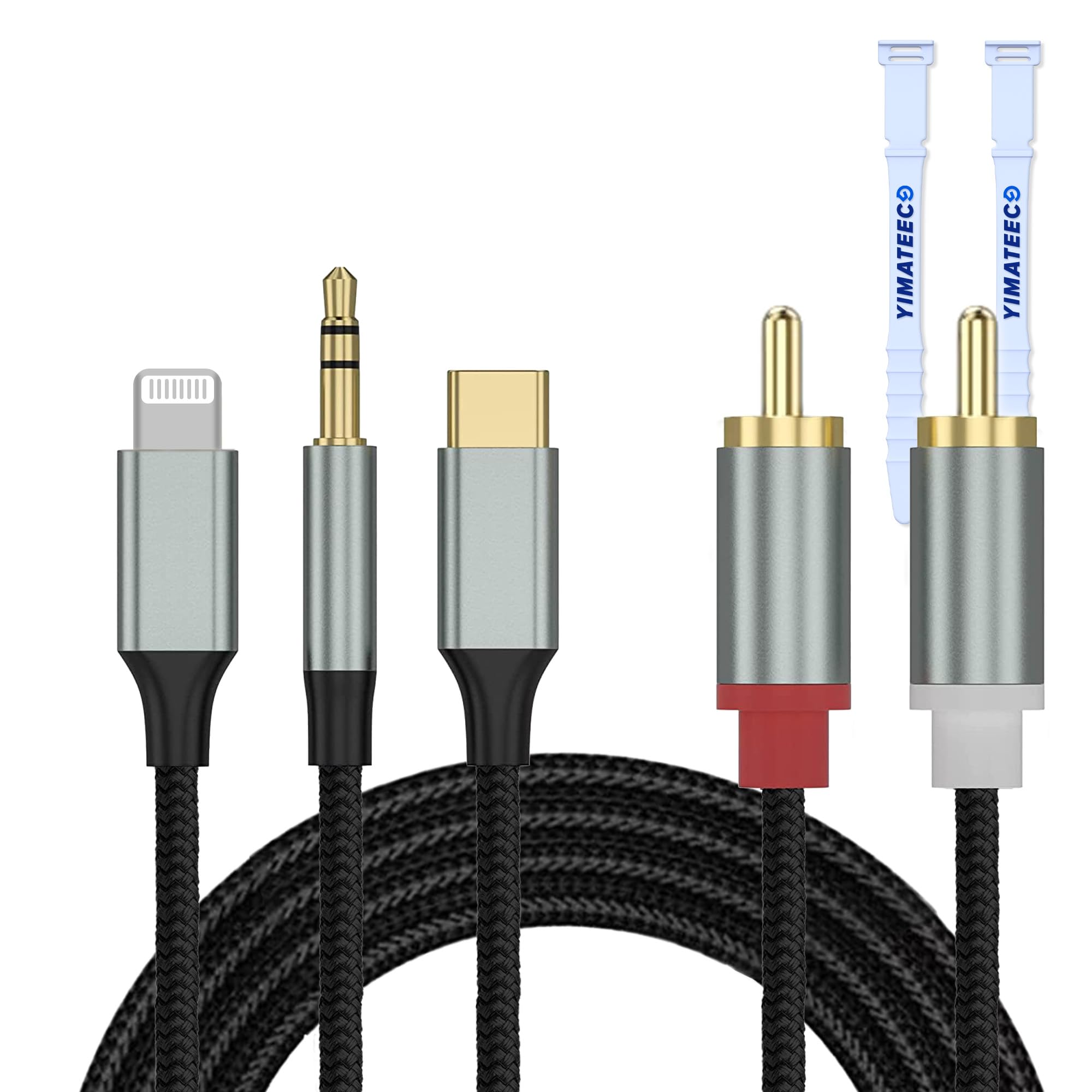 YIMATEECO 3-in-1 RCA Audio Cable - 3.5mm/USB-C/Lightning to 2RCA Stereo Aux Cord - Hi-Fi Sound for TV, Smartphone, MP3, Speakers & Amplifiers - Compatible with iPhone, Android & More - Perfect for Home Theater, Car Audio & Music Streaming