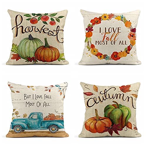 4 Pack Linen Throw Pillow Covers 20x20 Inch - Farmhouse Autumn Harvest Decor Square Cushion Covers for Sofa, Bed, Couch - Perfect for Fall Home Decor & Cozy Living Room Accents