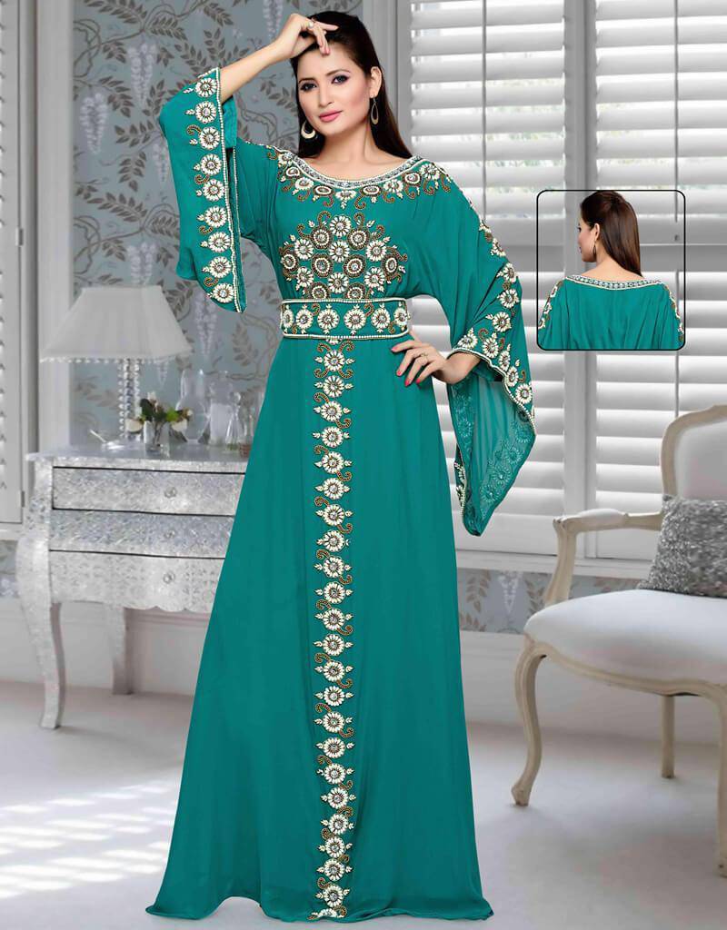 Elegant Bell Sleeve A-Line Kaftan Dress in Teal - Perfect for Beach Cover Up, Boho Party & Summer Vacation
